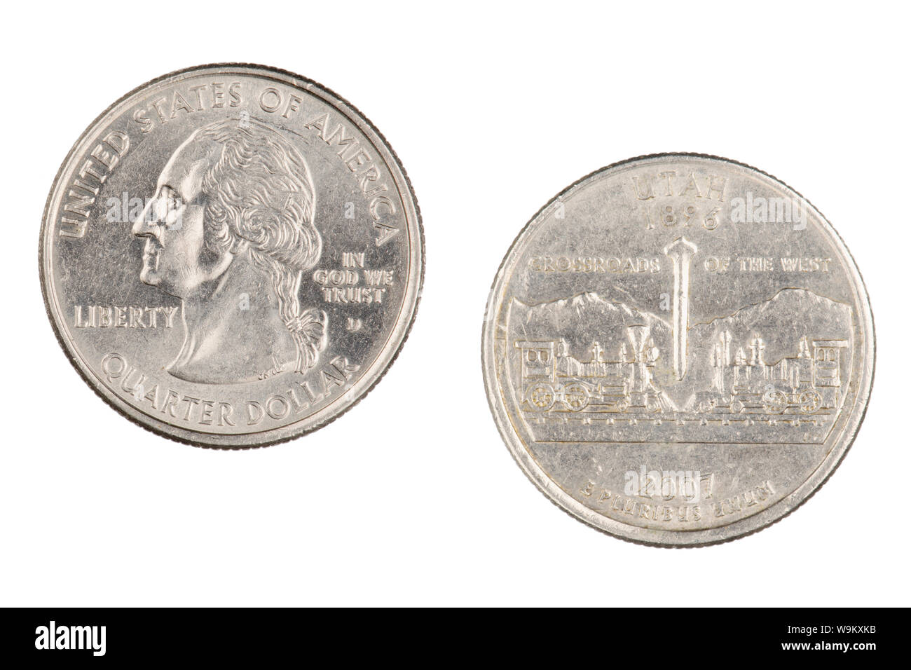 Complementare e invertire i lati della Utah 2007d Stato trimestre commemorativa isolato su uno sfondo bianco Foto Stock