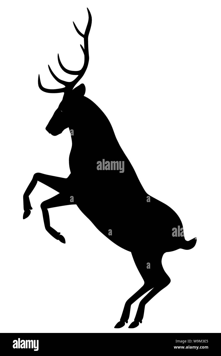 Una silhouette di un cervo in piedi sulle zampe posteriori su sfondo bianco Foto Stock