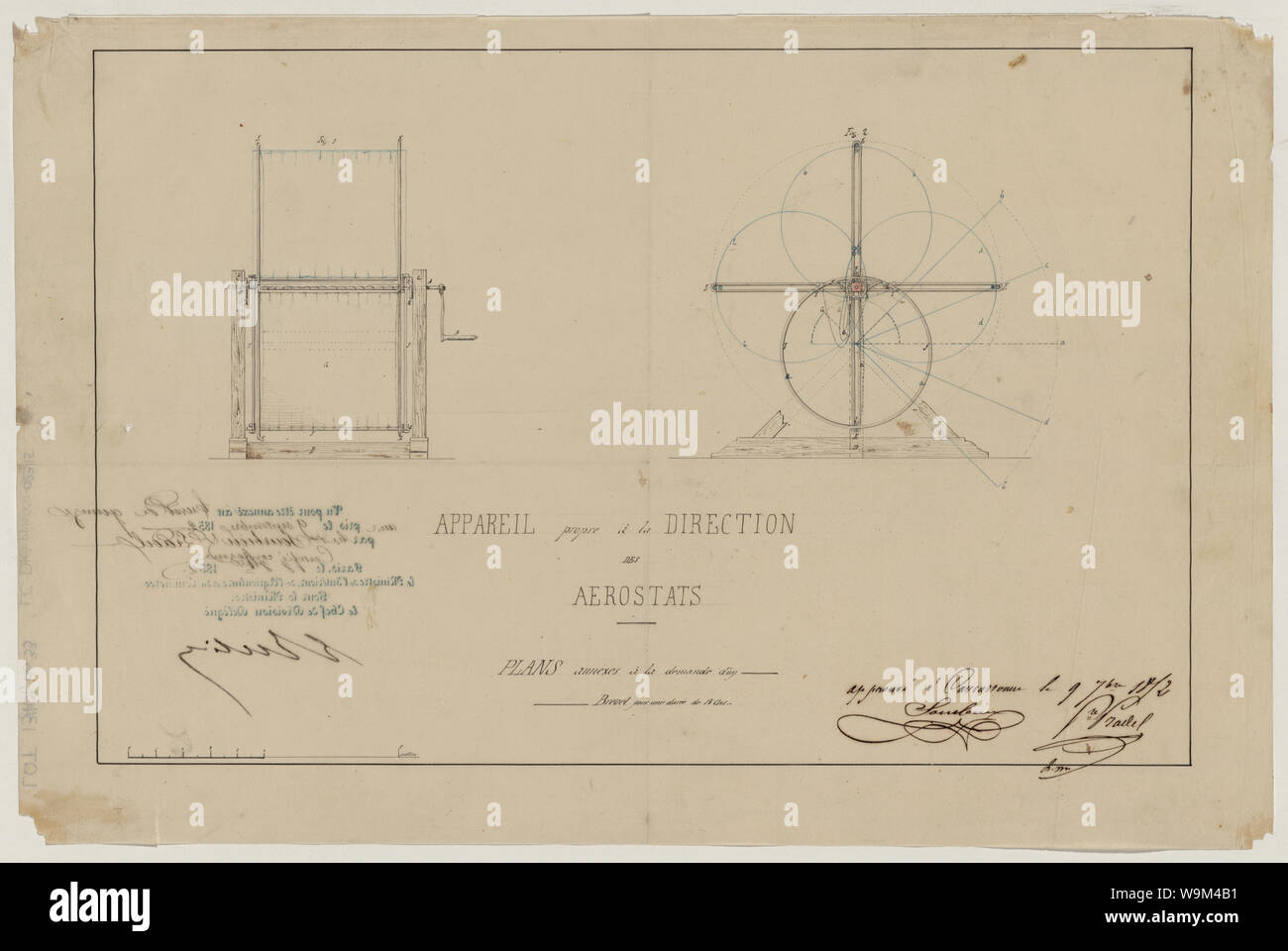 Appareil propre à la direction des aerostats; disegno di brevetto presentate da Sourbieu e Pradel mostra due viste di un apparato per lo sterzo o il controllo della direzione di palloncini a mano in moto una serie di quattro vele rotante. (Fonte: A.G. Renstrom, LC personale, 1981-1982). Foto Stock