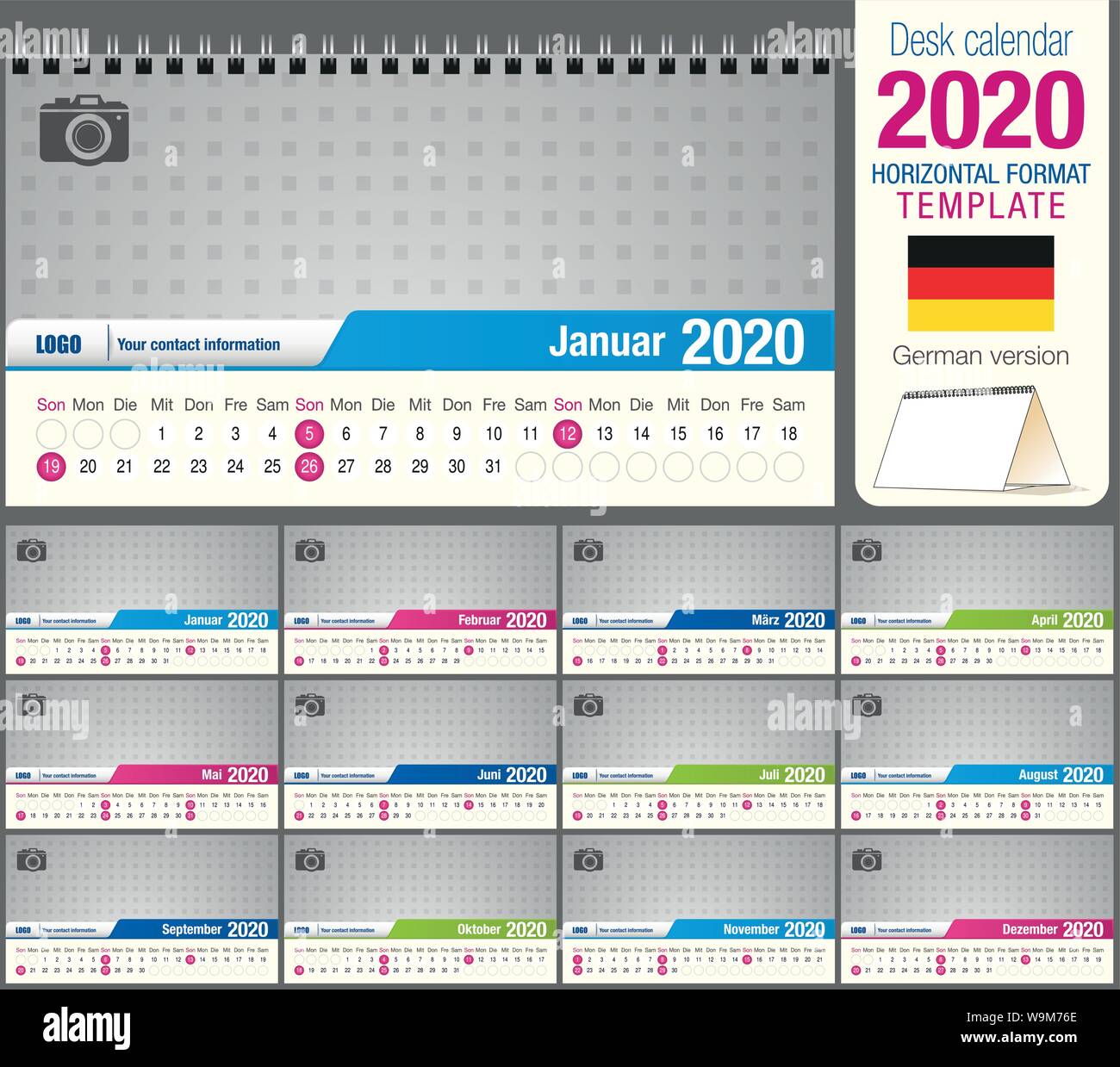 Utile scrivania calendario triangolo 2020 modello, con spazio per posizionare una foto. Dimensioni: 22 cm x 12 cm. Formato orizzontale. Versione tedesca Illustrazione Vettoriale