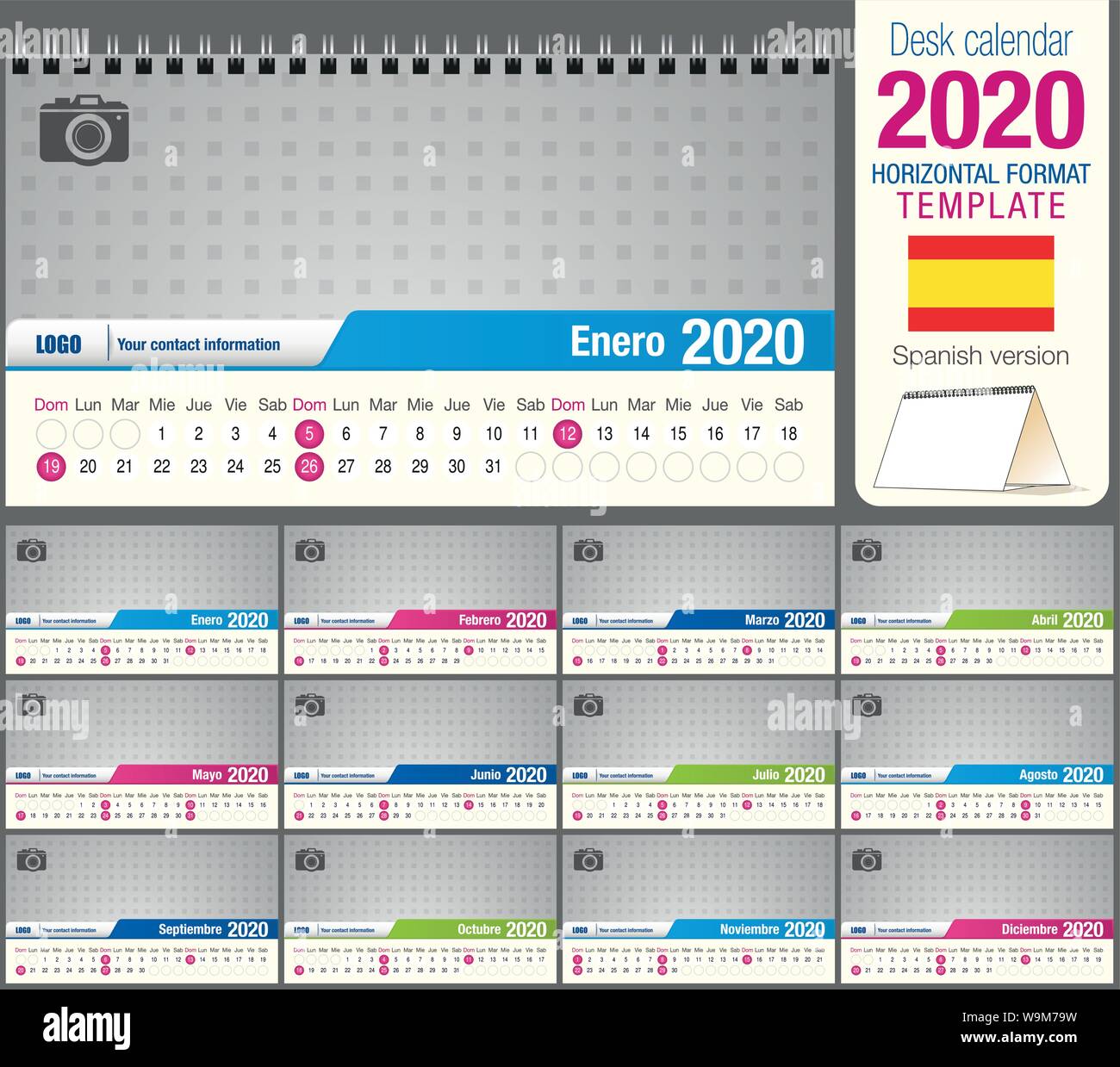 Utile scrivania calendario triangolo 2020 modello, con spazio per posizionare una foto. Dimensioni: 22 cm x 12 cm. Formato orizzontale. Versione spagnola Illustrazione Vettoriale