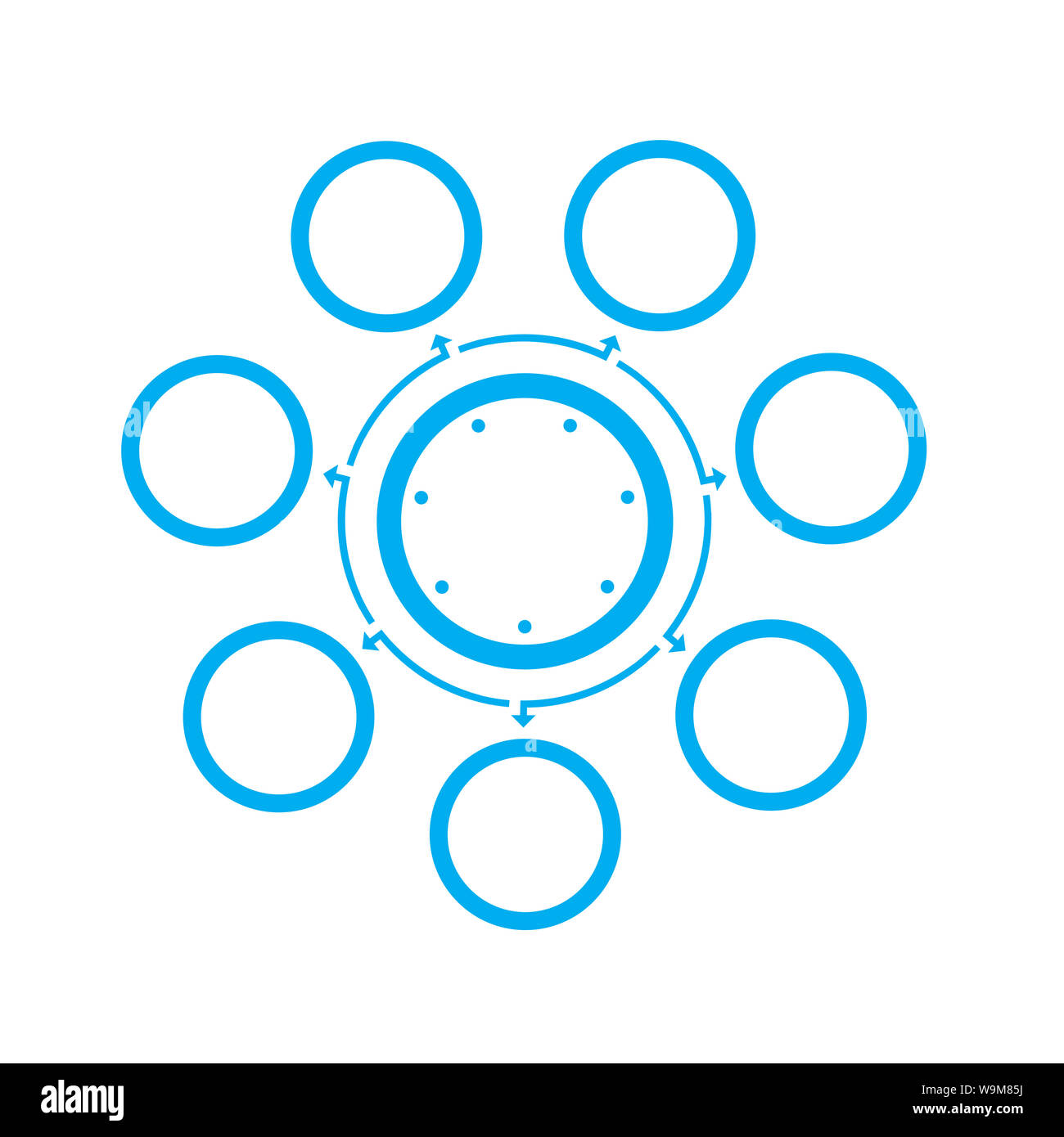 Modello per infographics su 7 posizioni. Cerchi disposti in un cerchio con le frecce. Colore blu su sfondo bianco Foto Stock
