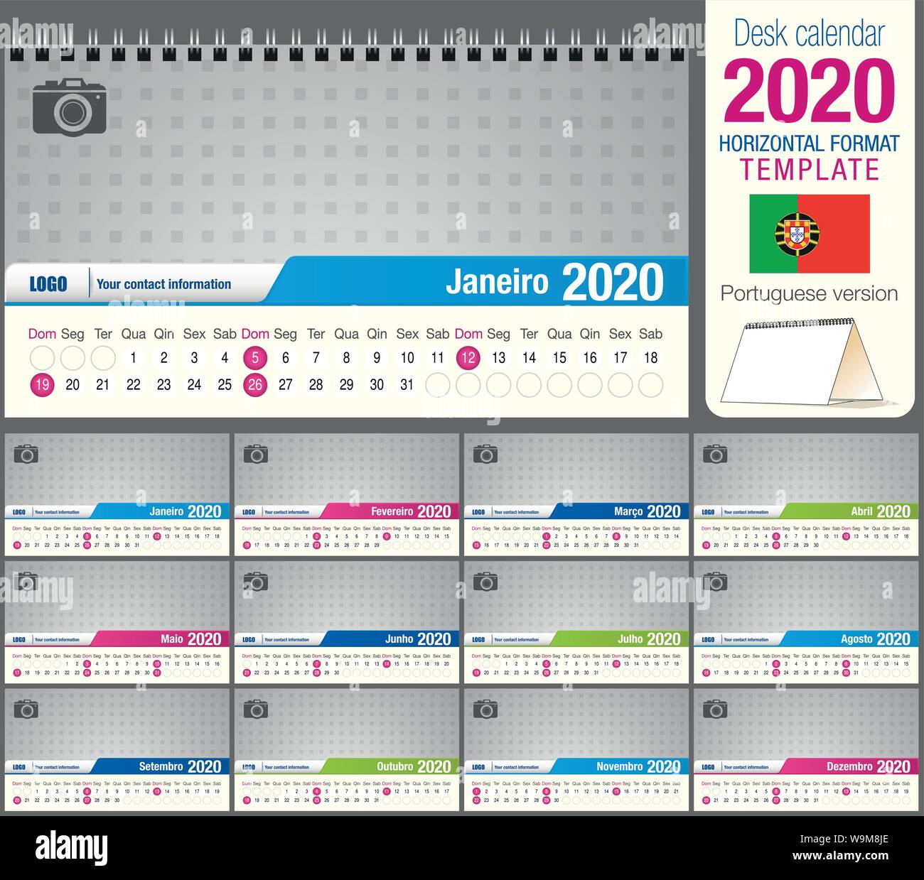 Utile scrivania calendario triangolo 2020 modello, con spazio per posizionare una foto. Dimensioni: 22 cm x 12 cm. Formato orizzontale. Versione portoghese Illustrazione Vettoriale