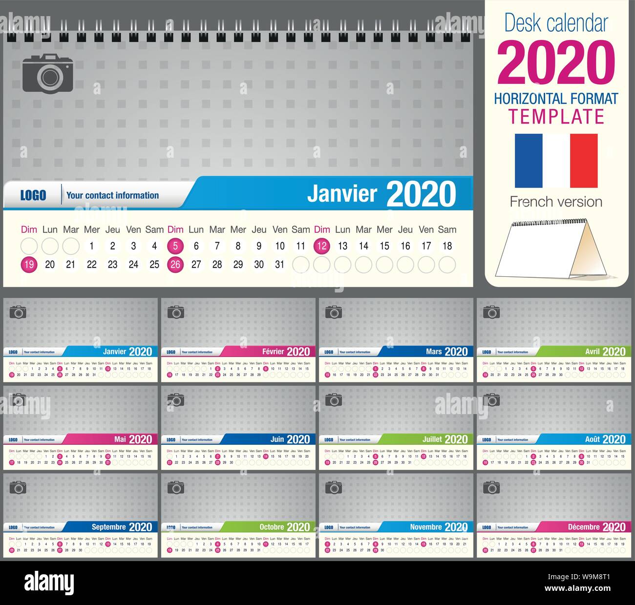 Utile scrivania calendario triangolo 2020 modello, con spazio per posizionare una foto. Dimensioni: 22 cm x 12 cm. Formato orizzontale. Versione francese Illustrazione Vettoriale