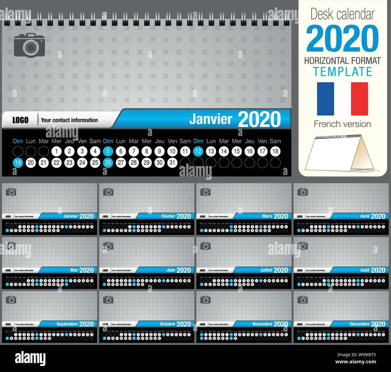 Utile scrivania calendario triangolo 2020 modello, con spazio per posizionare una foto. Dimensioni: 22 cm x 12 cm. Formato orizzontale. Versione francese Illustrazione Vettoriale