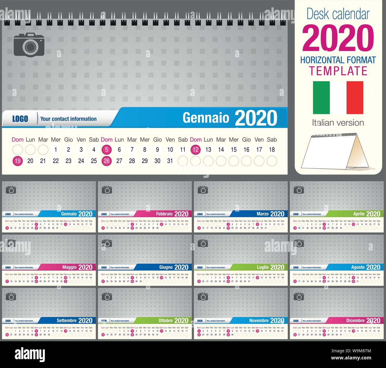 Utile scrivania calendario triangolo 2020 modello, con spazio per posizionare una foto. Dimensioni: 22 cm x 12 cm. Formato orizzontale. Versione italiana Illustrazione Vettoriale