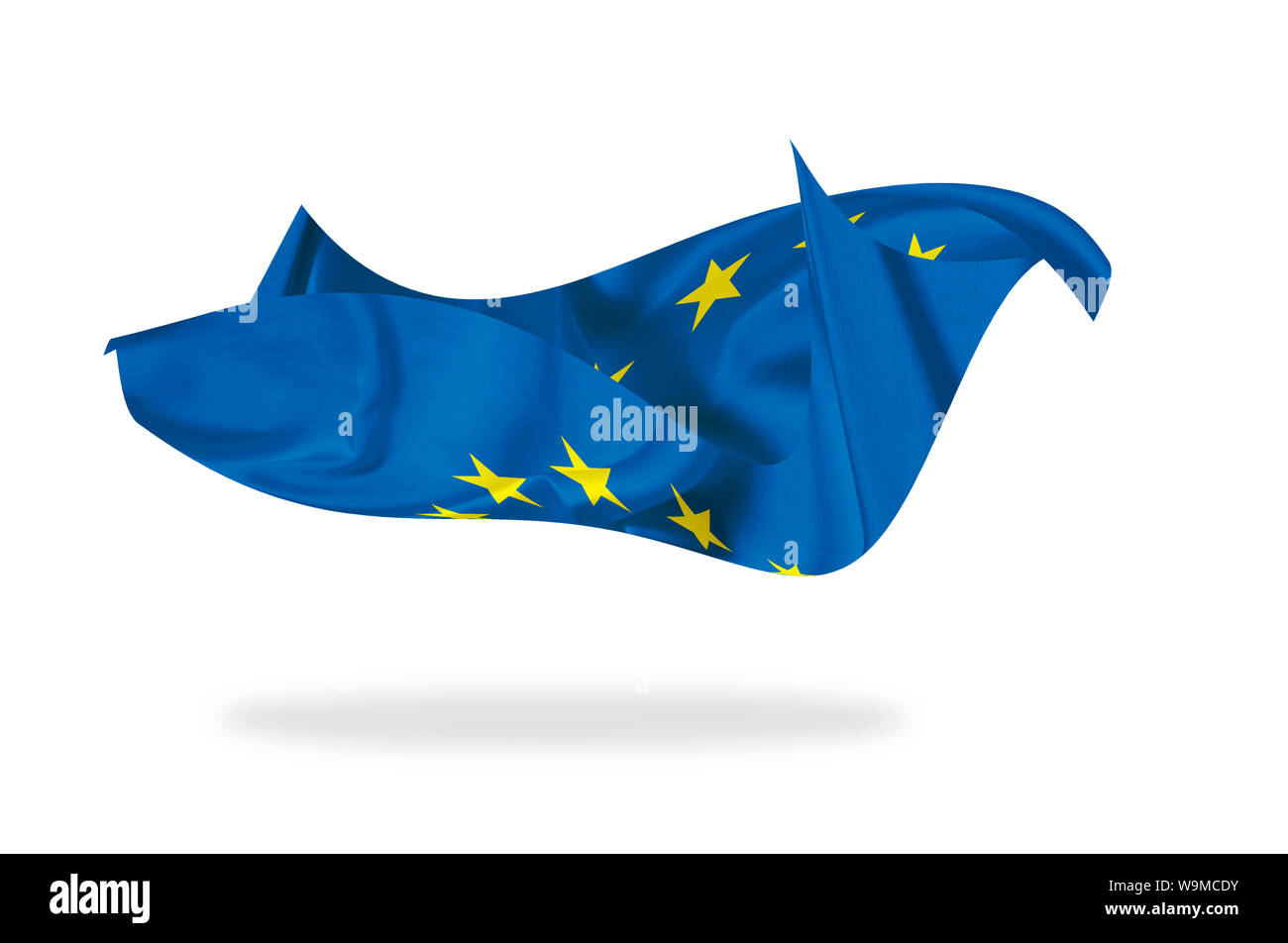 Ue, bandiera dell'Unione europea in aria, volare sopra lo sfondo bianco, isolato Foto Stock