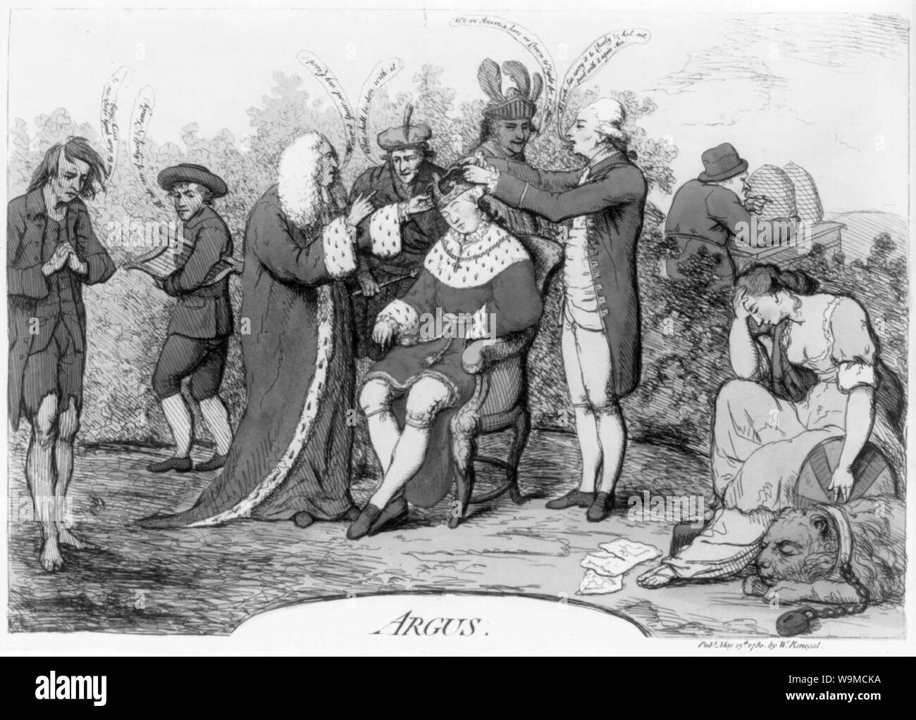 Argus Abstract: Stampa Mostra George III seduto in una sedia addormentato, sulla sinistra si erge un giudice (eventualmente il Conte di Mansfield) con la sua mano sinistra sulla corona, dietro il trono spicca la Earl of Bute, parlando a Mansfield, egli dice che cosa deve essere fatto con esso a cui risponde Mansfield indossare il vostro sel mio Leard, alla destra di Bute sorge America (rappresentato da un nativo che indossa un copricapo piumato), sulla destra si erge un gentiluomo con entrambe le mani sulla corona, dice No troth ho'se portarla a Charly & hel non parte con esso ancora Mon! (Probabilmente un riferimento a Charles Edward il pretendente). Foto Stock