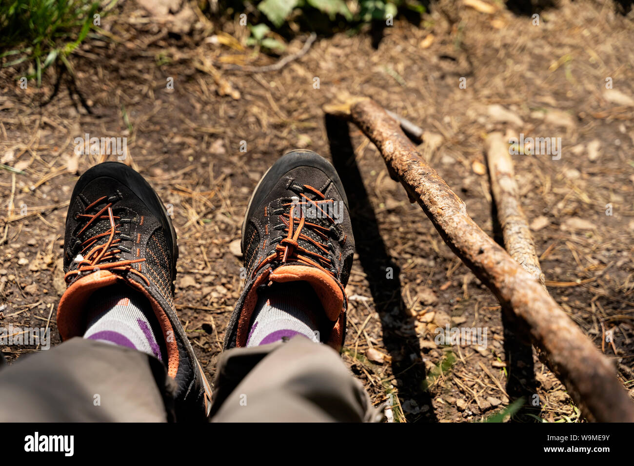 Gambe nella tracciatura di sneakers in legno e Escursionismo poli. Attivo e uno stile di vita sano in estate Foto Stock