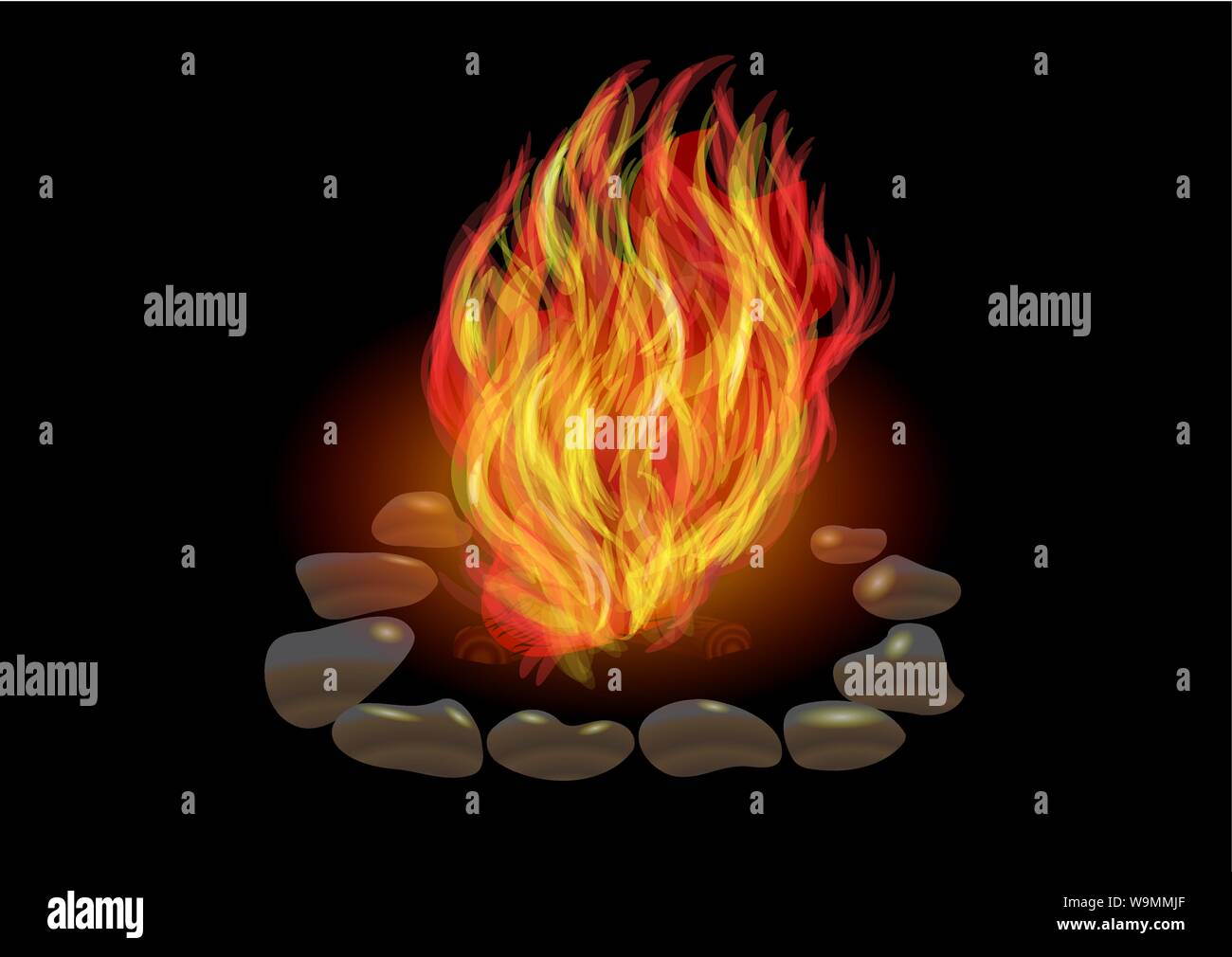 Campfire nella notte in un cerchio di pietre Illustrazione Vettoriale