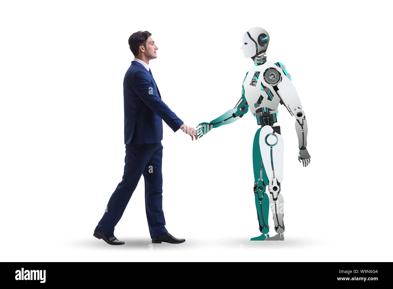 Il concetto di cooperazione tra uomo e robot Foto Stock