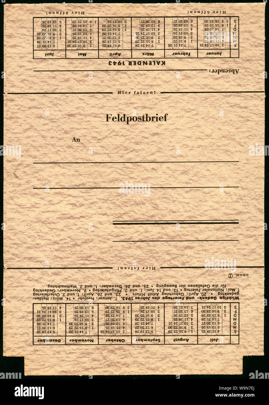 Europa, Deutschland, 2. Weltkrieg, Blankovordruck für einen Feldpostbrief, 1943 / Europa, Germania, WW II, modulo vuoto per le lettere delle forze"servizio postale, 1943 . Foto Stock