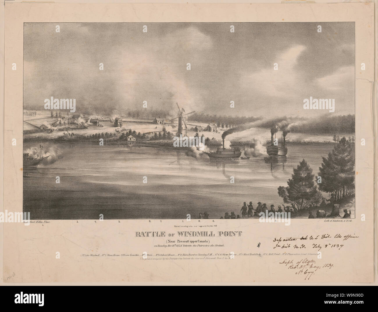 Battaglia di Mulino a Vento punto (vicino a Prescott Canada superiore) Martedì 9 Novembre Xiii 1838 tra i patrioti e la British Abstract: Stampa Mostra gli spettatori in primo piano lungo la riva di un fiume, guardando la battaglia del mulino a vento durante il quale gunboats nel fiume di fuoco sui ribelli sulla riva lontana nei pressi di un mulino a vento, in Ontario, Canada. Foto Stock