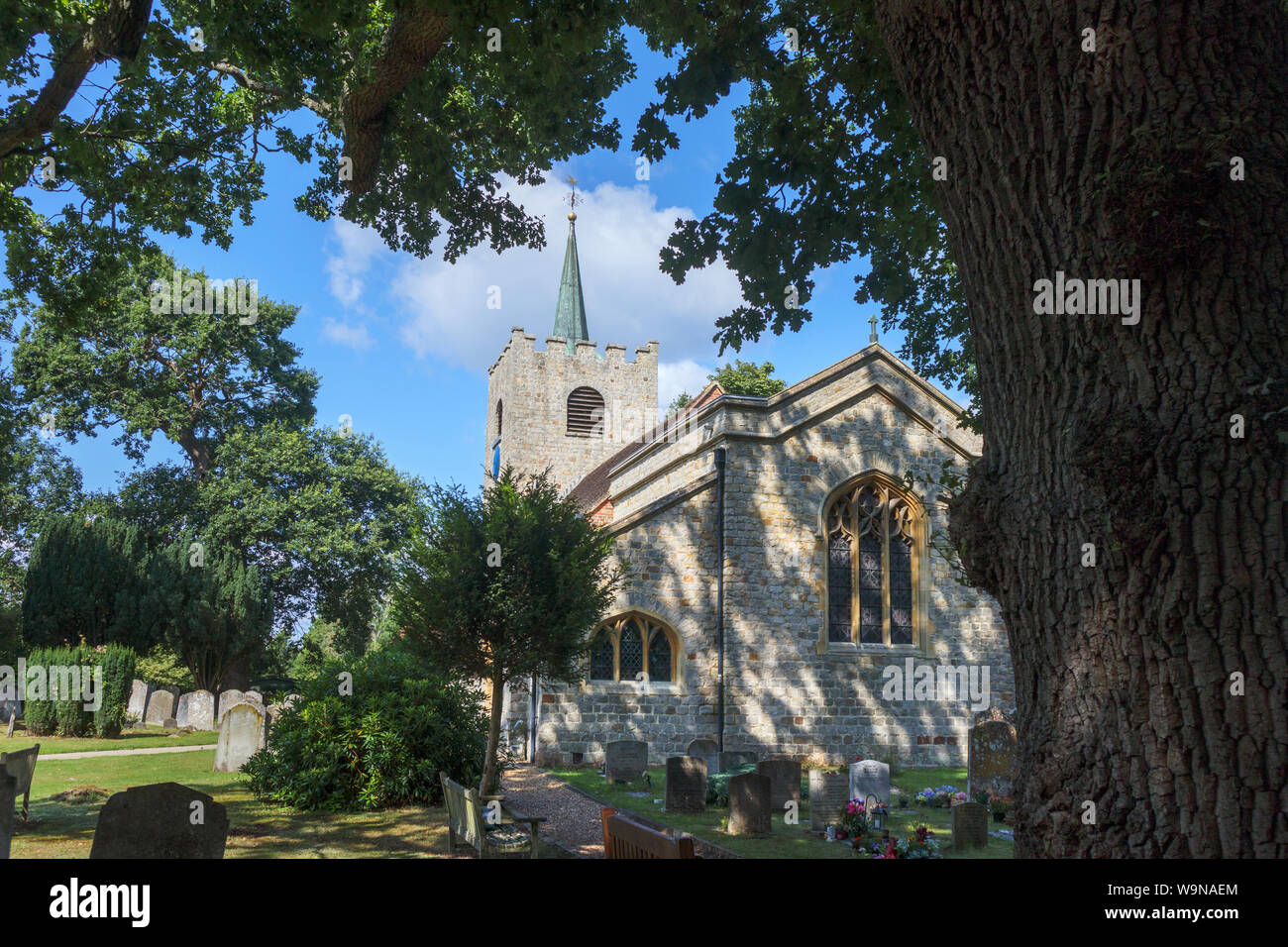 Chiesa di San Michele e Tutti gli Angeli, un piccolo paese chiesa parrocchiale a Pirbright, un villaggio vicino a Woking nel borgo di Guildford, Surrey, Inghilterra del sud-est Foto Stock