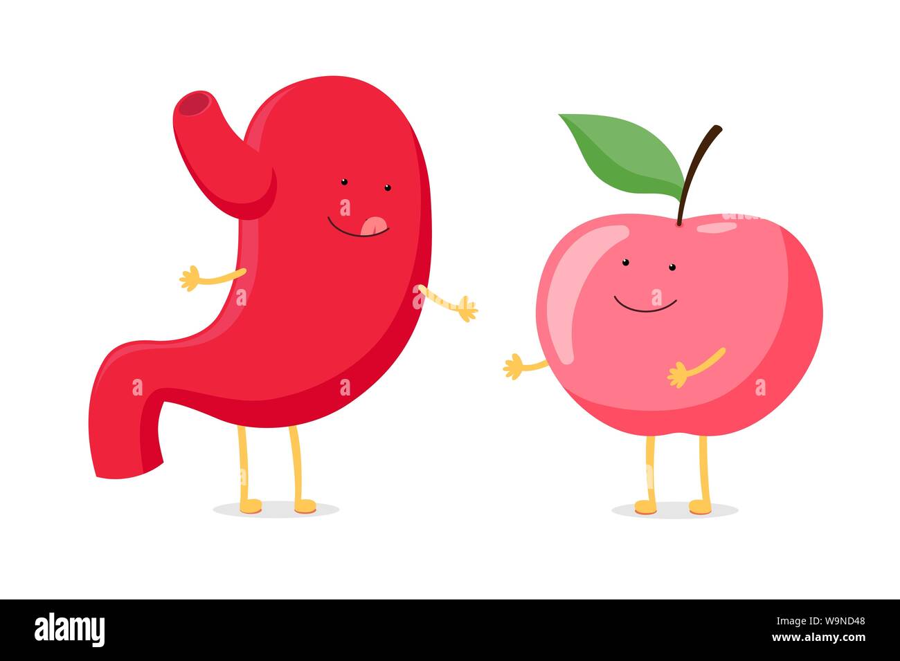 Forte sano stomaco felice sorridente leccando labbra yummy emotion carattere con mela rossa. Organo del sistema del tratto digestivo umano con alimentazione eco-alimentare. Illustrazione vegetale vettoriale Illustrazione Vettoriale