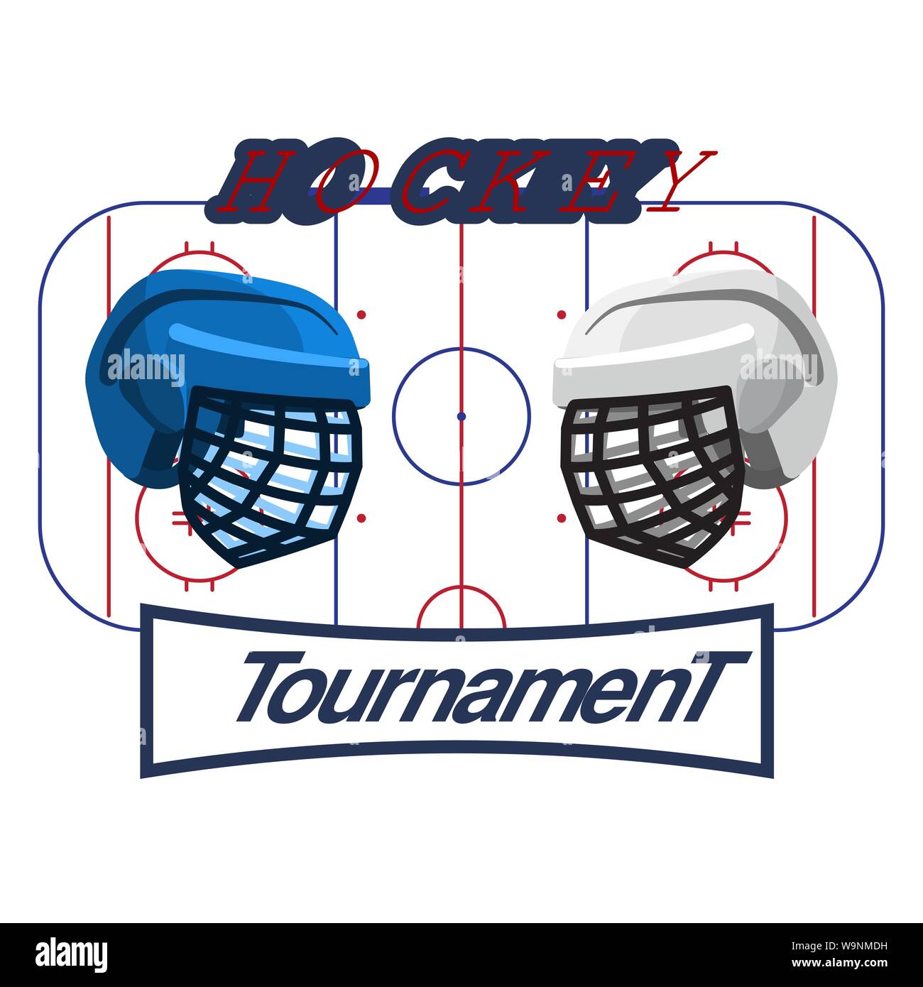 Il logo del hockey di confronto, con club, caschi e puck. Due squadre. Vettore illustrazione piana. Illustrazione Vettoriale
