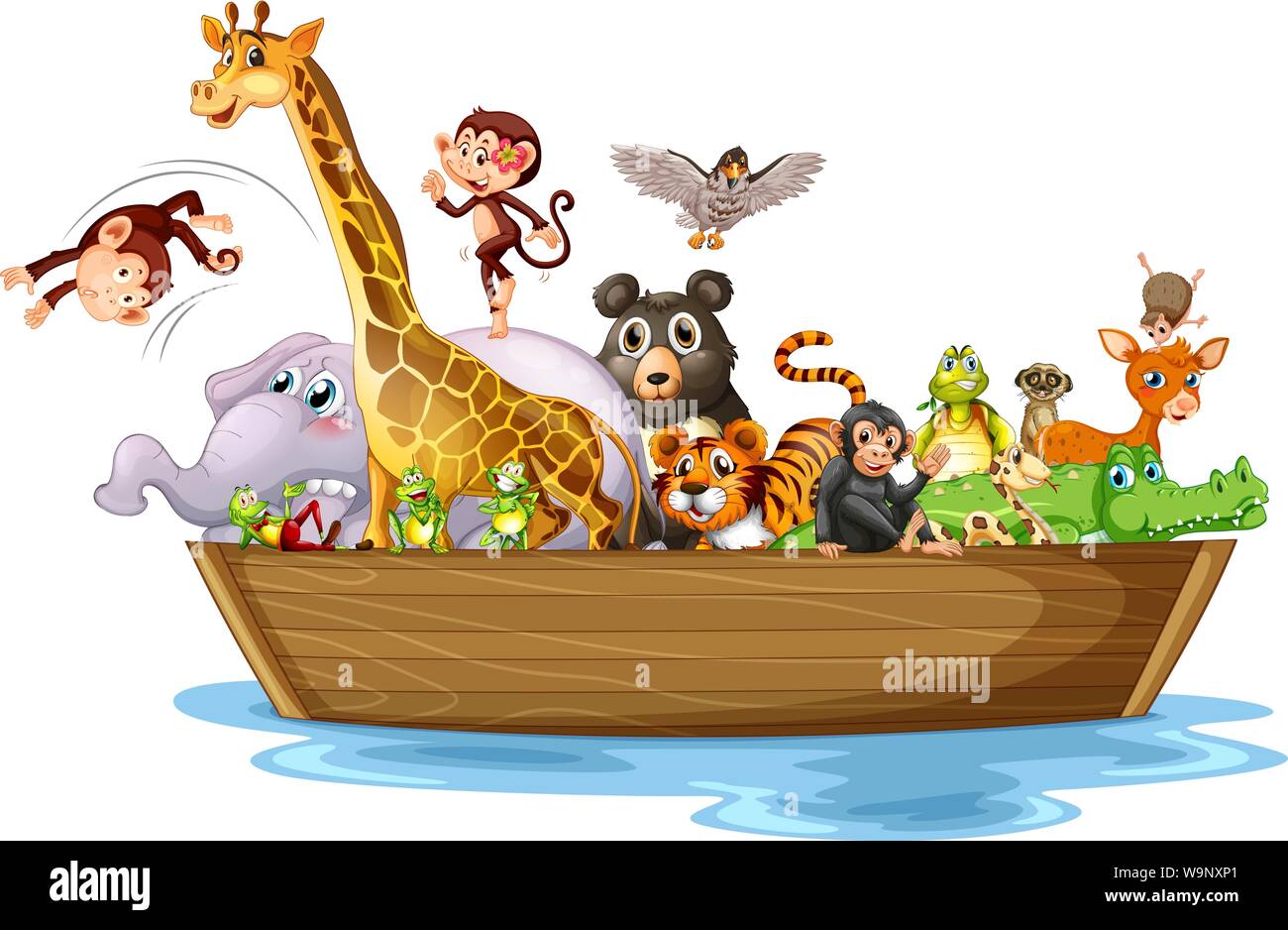 Molti degli animali sulla barca di legno di illustrazione Illustrazione Vettoriale