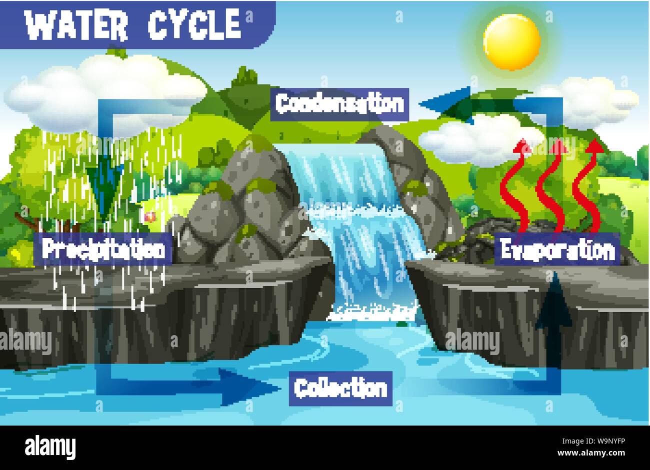 Acqua di processo di ciclo sulla terra - illustrazione scientifica Illustrazione Vettoriale