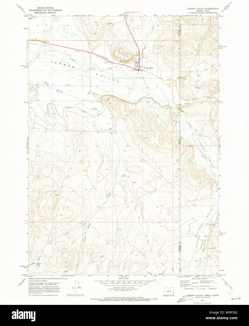 USGS TOPO Map Oregon Jordan Valley 280344 1969 24000 Restauro Foto Stock