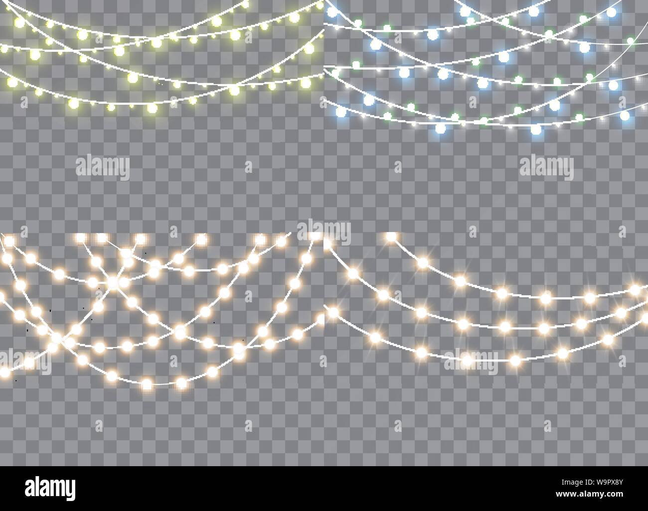 Set di luci di Natale isolato realistici elementi di design. Luci incandescenti per Natale cartoline vacanza, banner, poster, web design. Ghirlande decorazioni Illustrazione Vettoriale
