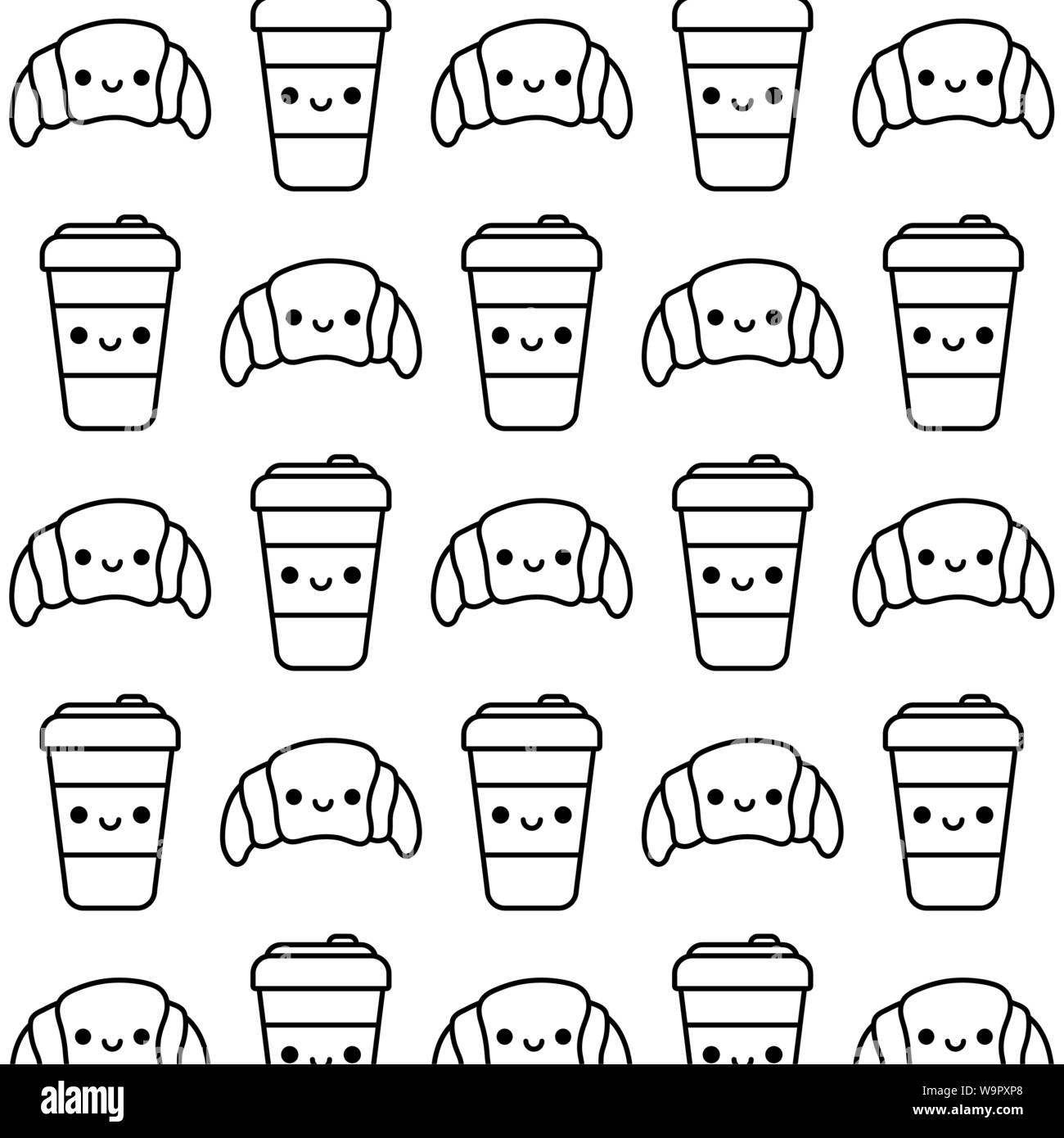 Modello di croissant pane con bevande kawaii style illustrazione vettoriale design Illustrazione Vettoriale