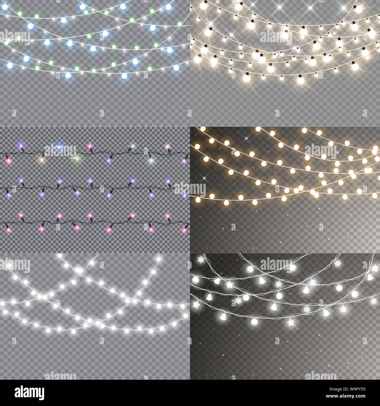 Set di luci di Natale isolato realistici elementi di design. Luci incandescenti per Natale cartoline vacanza, banner, poster, web design. Ghirlande decorazioni. Illustrazione Vettoriale