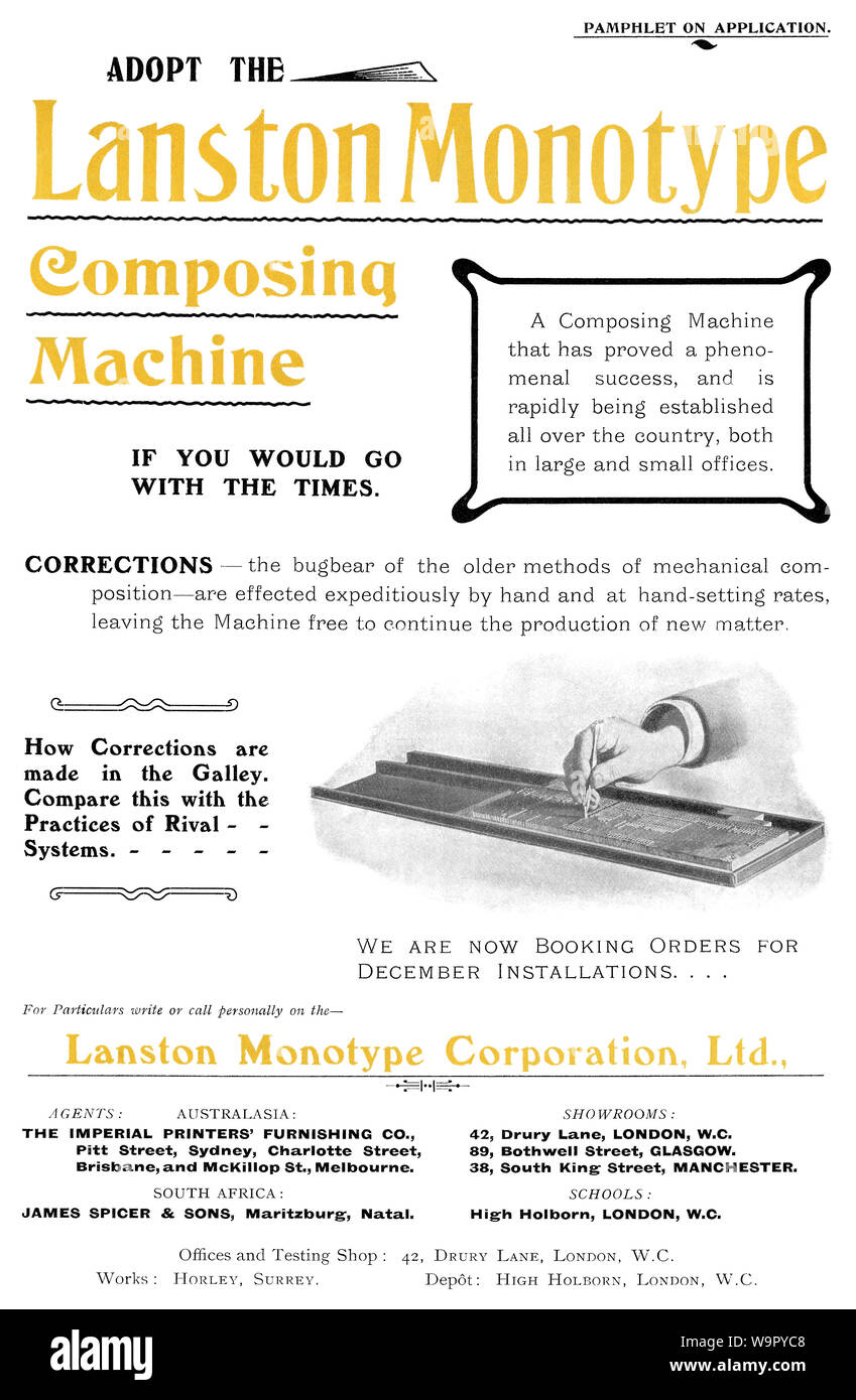 1903 advertismeent britannica per un Lanston Monotype che compongono la macchina. Foto Stock