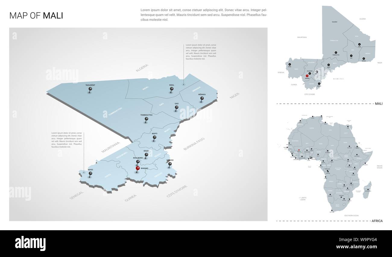 Set di vettore del Mali paese. Vista isometrica mappa in 3d, Mali mappa, mappa Africa - con regione, stato nomi e nomi di città. Illustrazione Vettoriale