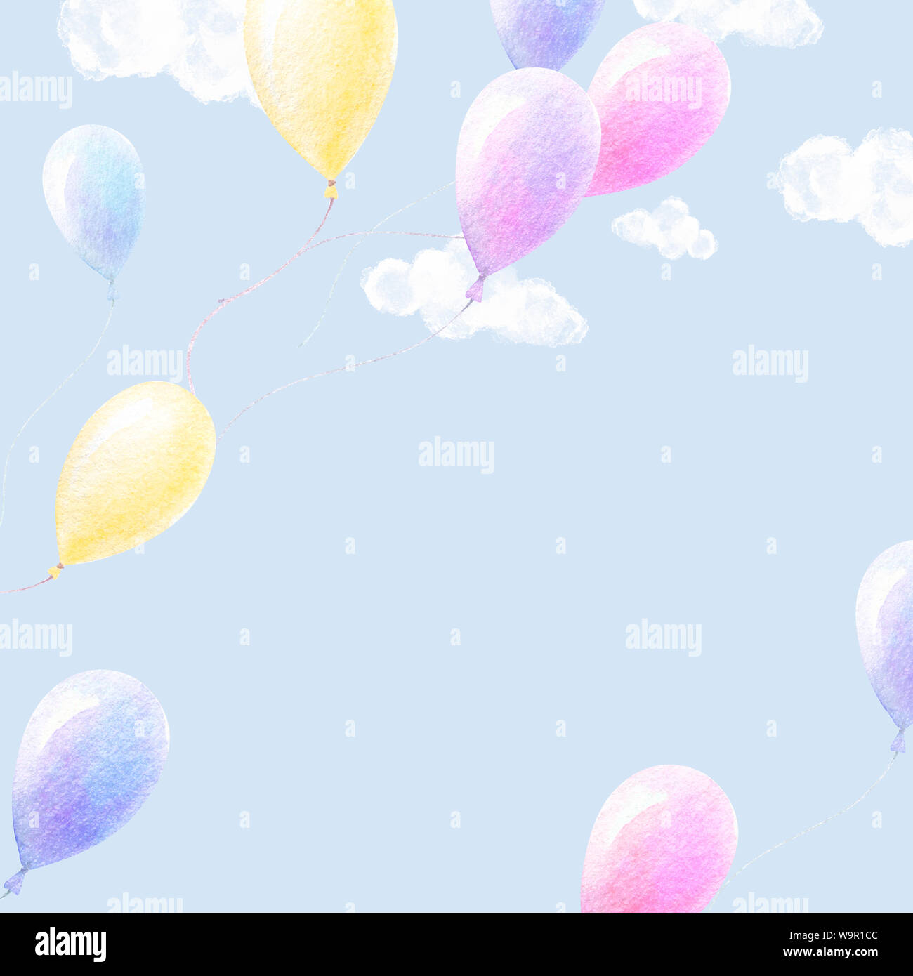 Carino acquerello. Colorato ballons volare nel cielo, il bianco delle nuvole, luce sfondo blu. Baby Doccia art. Sfondo di poster. La qualità di stampa. Acquerello kids Foto Stock