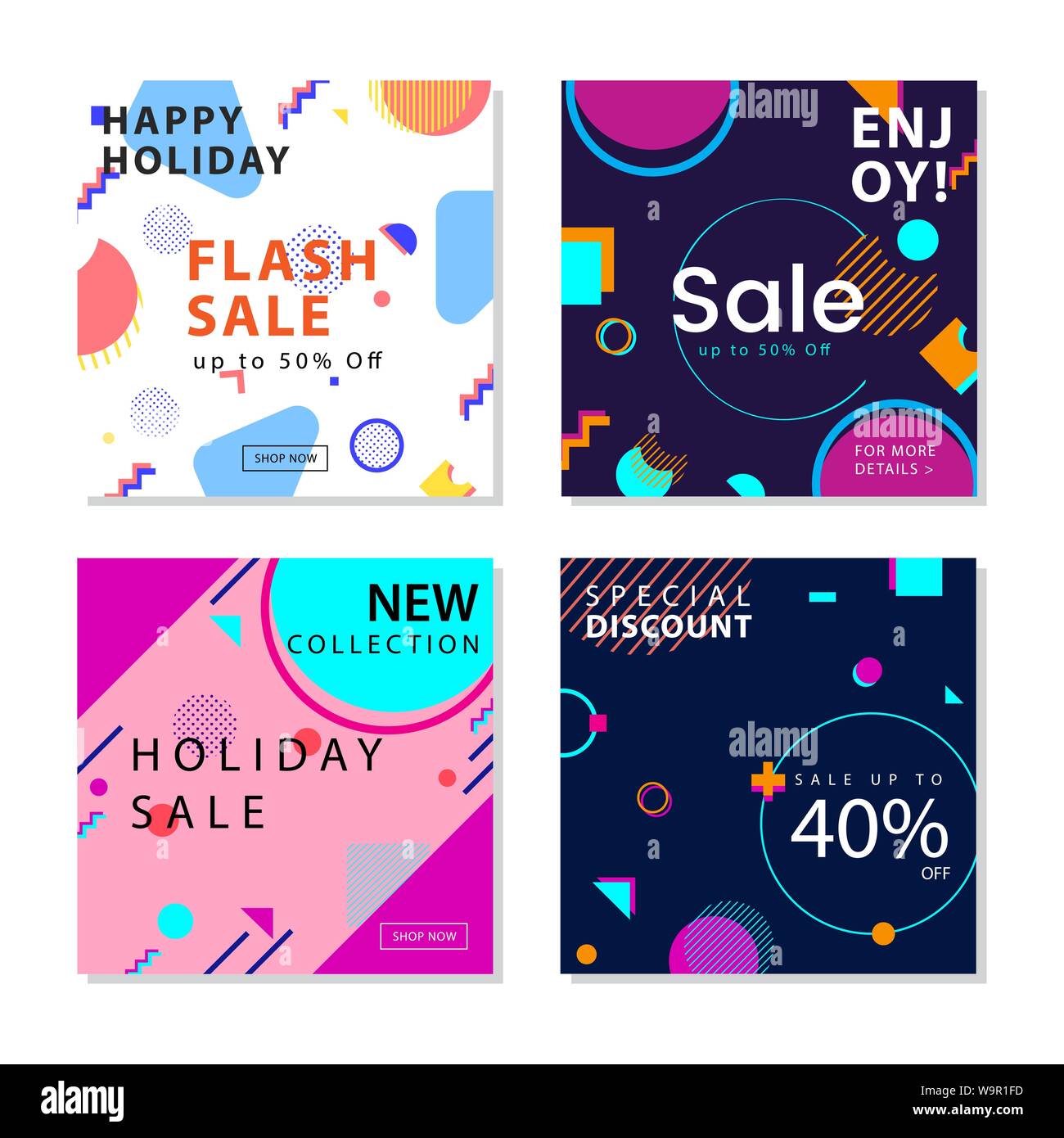 Raccolta di social media post modello trendy con forme geometriche memphis elemento grafico. Per i social media post, storie, storia, internet web divieto Illustrazione Vettoriale