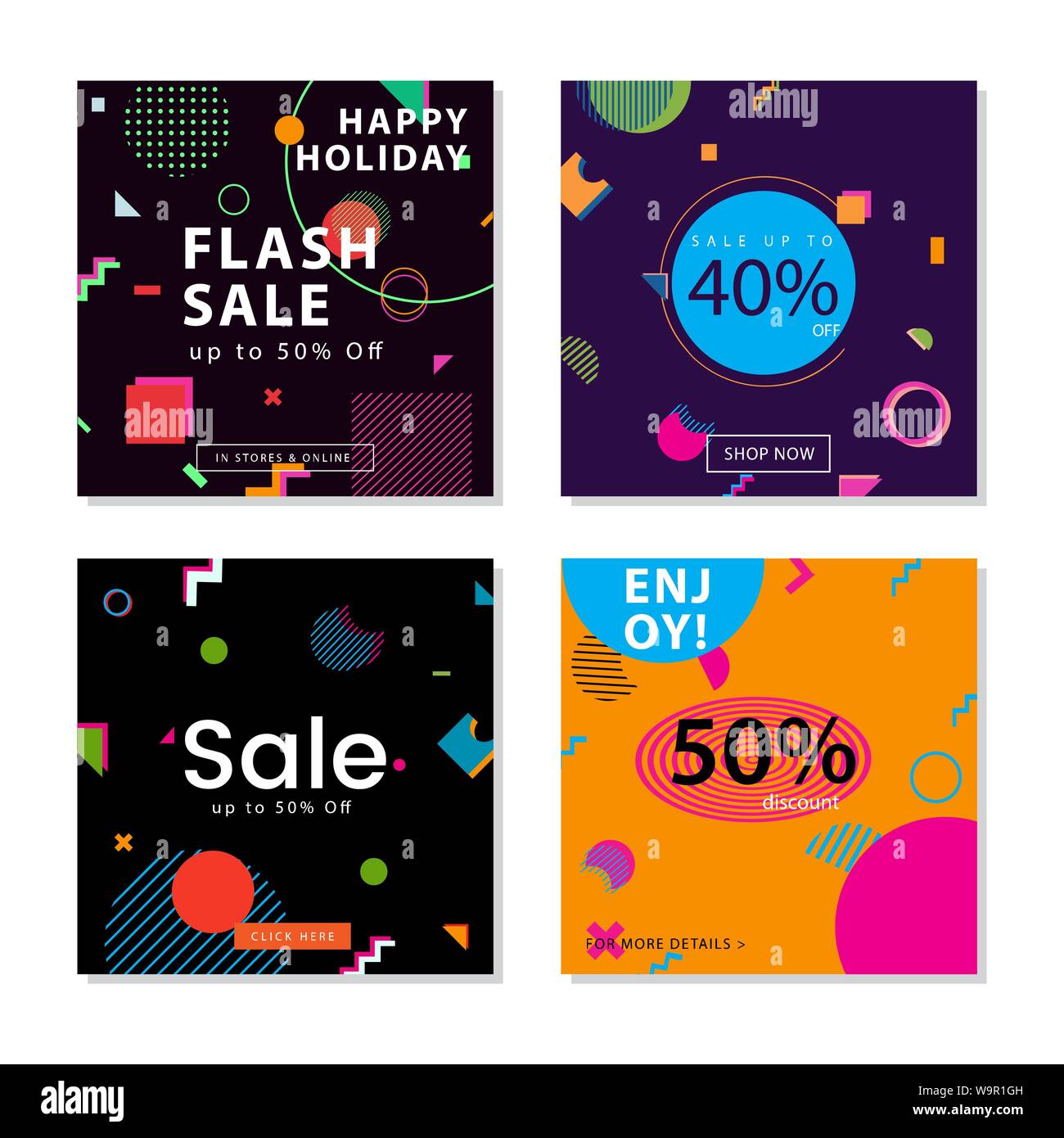 Raccolta di social media post modello trendy con forme geometriche memphis elemento grafico. Per i social media post, storie, storia, internet web divieto Illustrazione Vettoriale