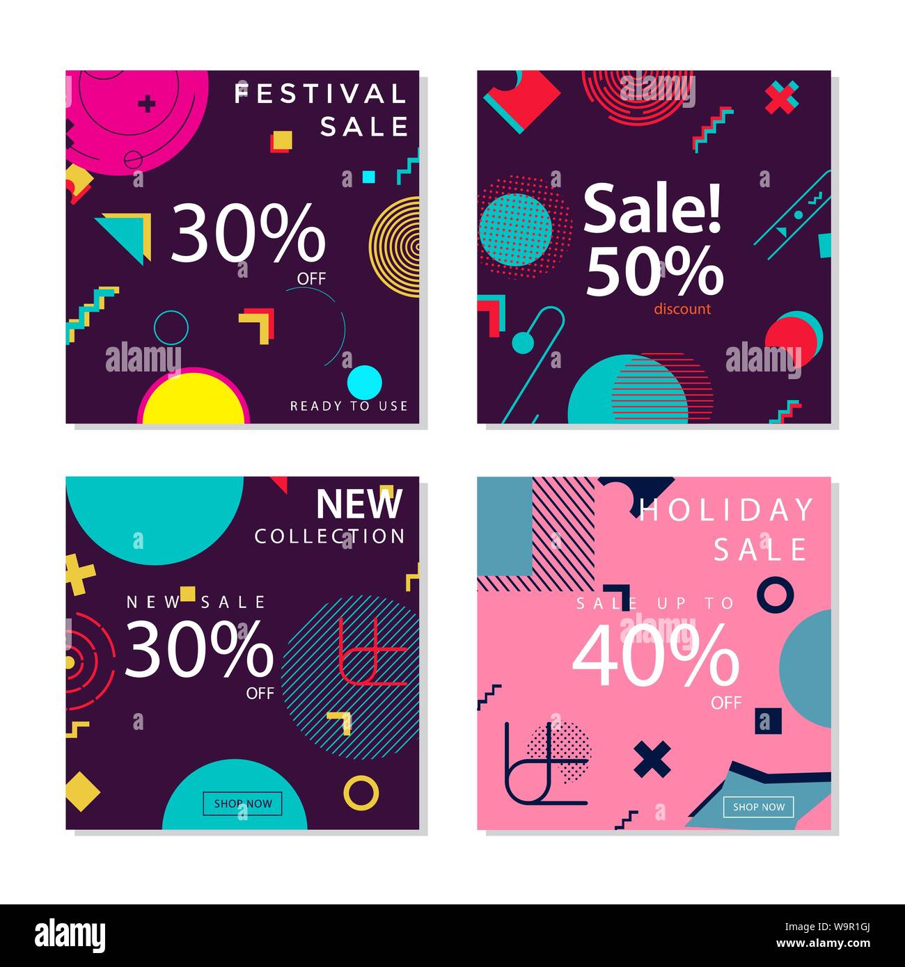 Raccolta di social media post modello trendy con forme geometriche memphis elemento grafico. Per i social media post, storie, storia, internet web divieto Illustrazione Vettoriale