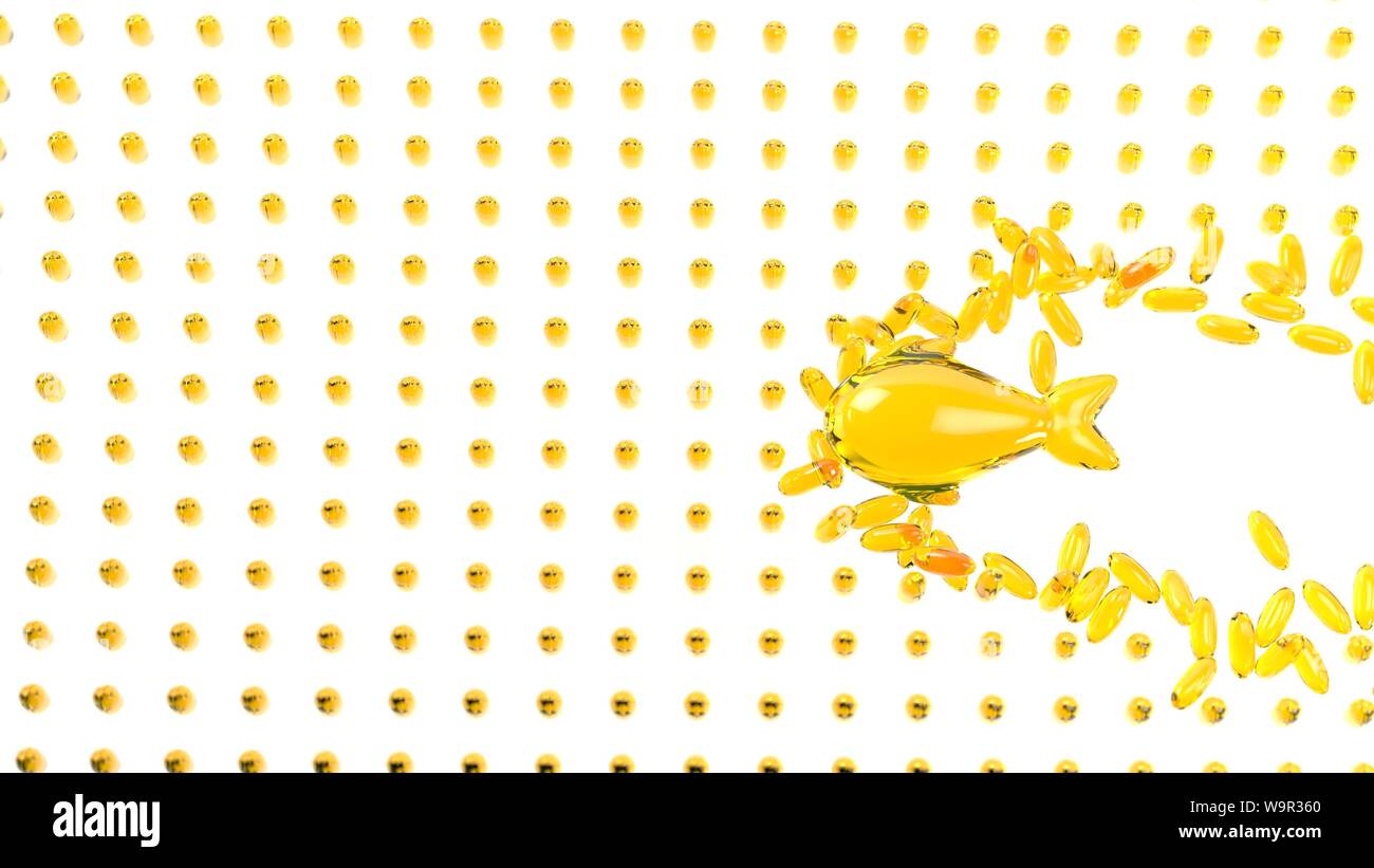 Il rendering 3d olio di pesce pesce nuotare attraverso la capsula integra una vita sana omega 3 Foto Stock