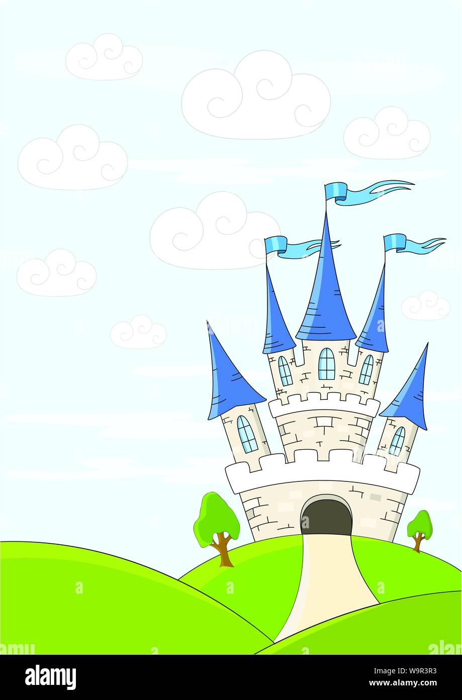 Castello di fantasia su verdi colline Illustrazione Vettoriale