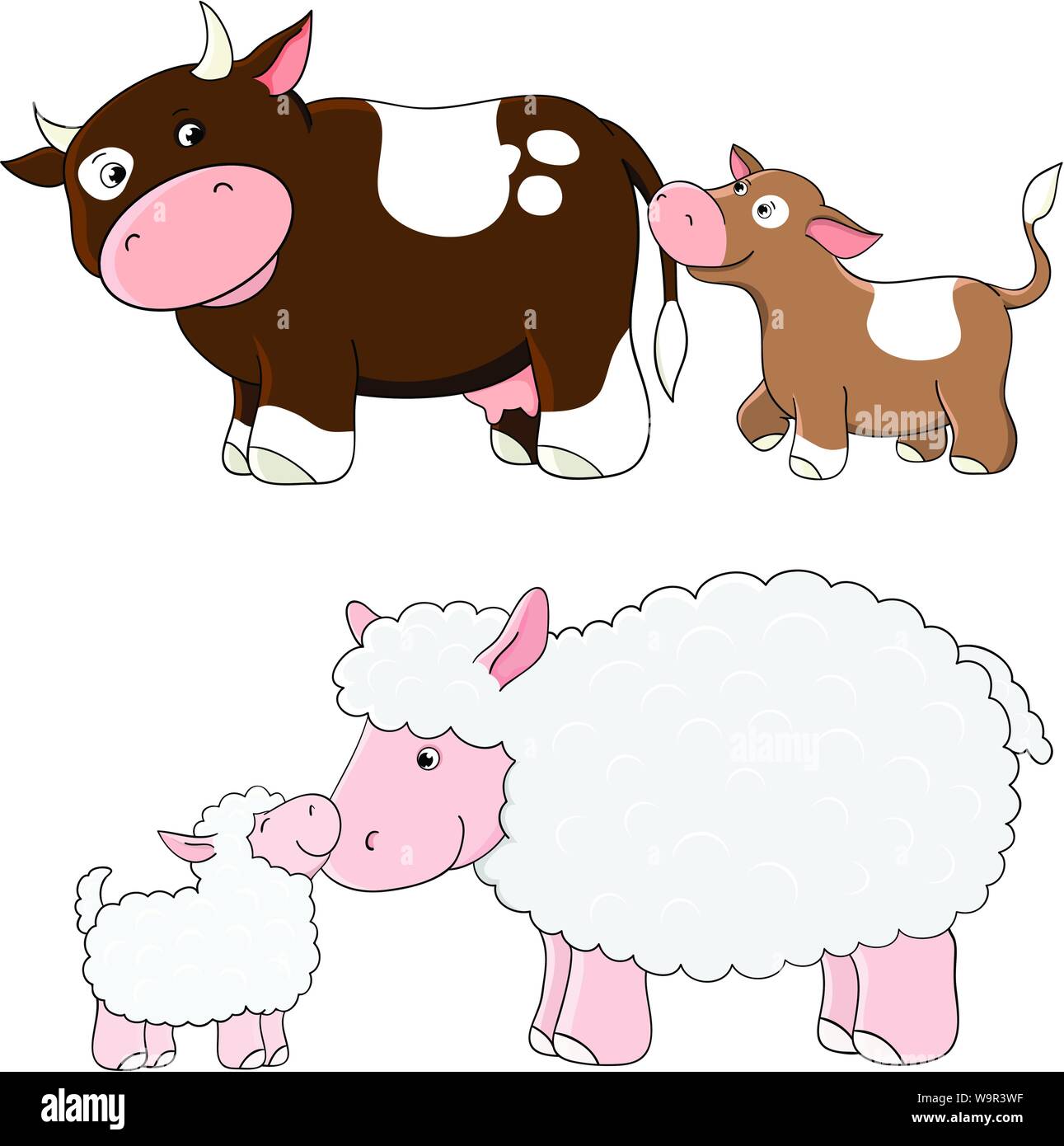 Vettore di mucche e pecore. Gli animali della fattoria con bambinos Illustrazione Vettoriale
