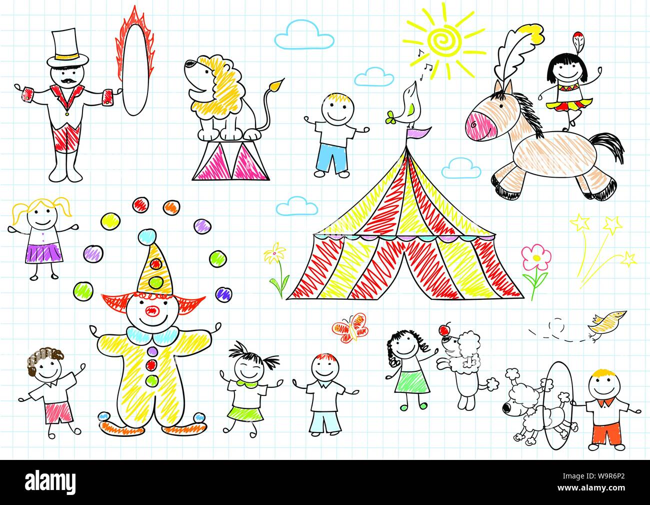 Dei bambini felici nel circus. Schizzo su pagina del notebook Illustrazione Vettoriale