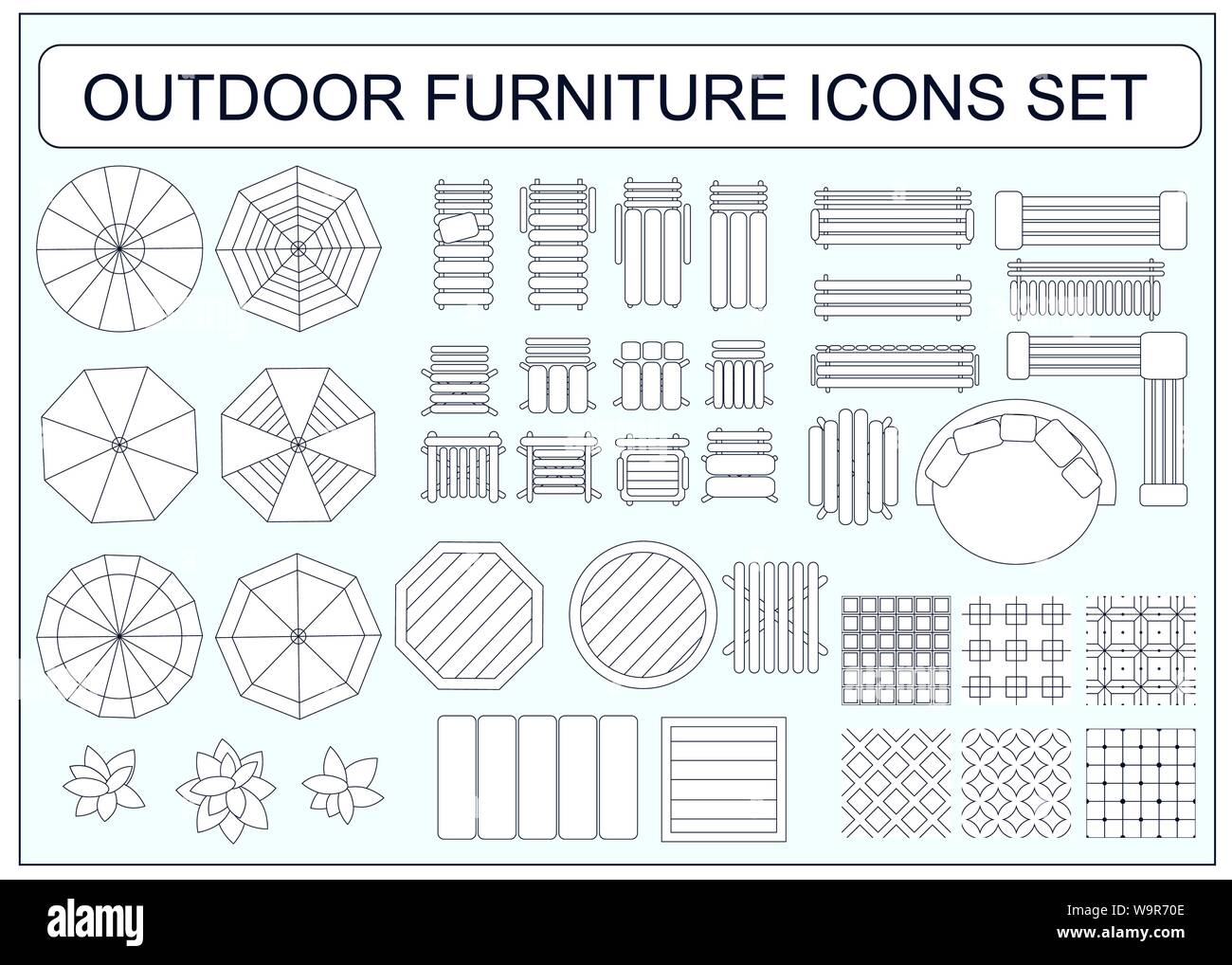 Set di semplici arredi esterni icone vettoriali come elementi di design - spiaggia sedia, banco, tavolo ombrellone, round divano, senza saldatura pavimento di piastrelle di campioni, divano, Illustrazione Vettoriale
