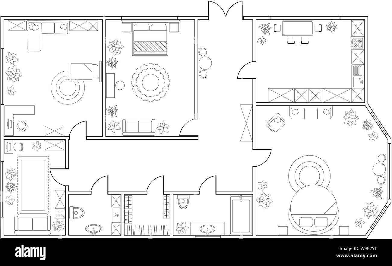 Vettore astratto piano di appartamento di tre camere da letto, con cucina, bagno, camera per bambini, camera da letto con letto matrimoniale, soggiorno, sala da pranzo, biblioteca. EPS8 Illustrazione Vettoriale