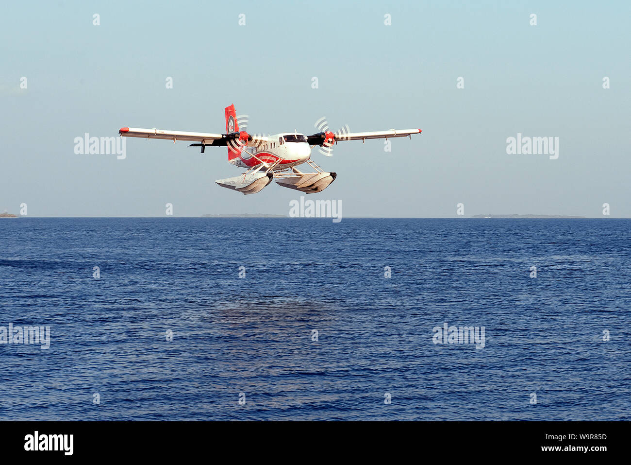 Figura di galleggiamento di decollo, Maldive, Oceano Indiano, Asia Foto Stock