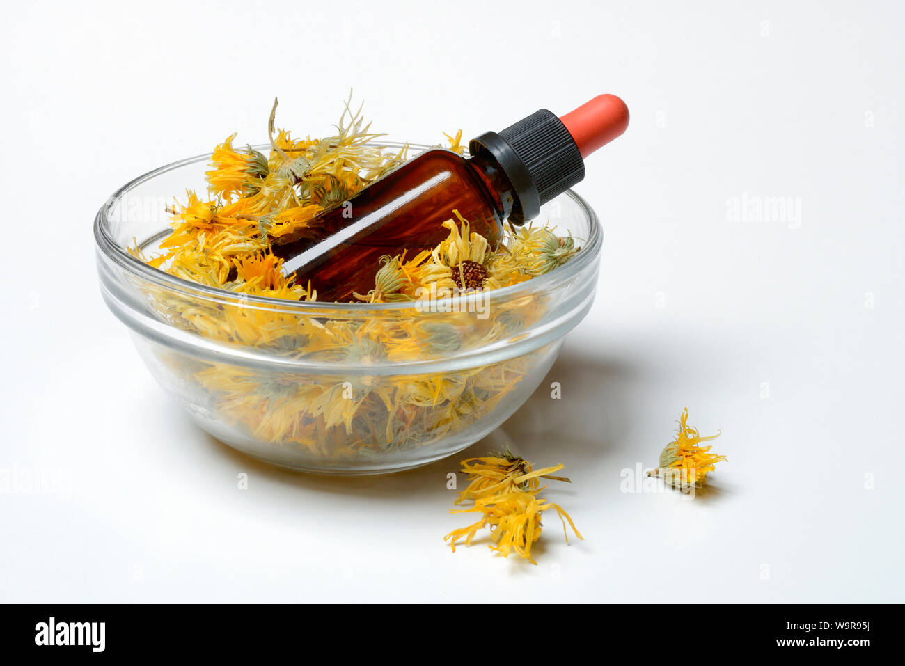 Getrocknete Ringelblumenblueten in Schale, Flaeschchen mit Ringelblumentinktur, Calendula officinalis Foto Stock