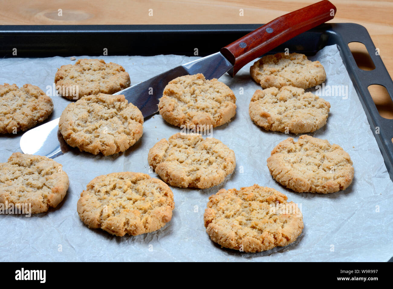 Farina di avena cookie sul vassoio da forno Foto Stock