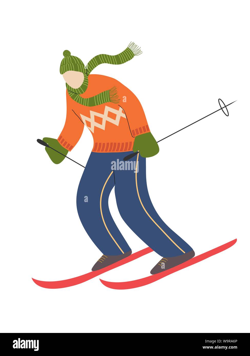 Sciatore isolati su sfondo bianco. Sci uomo.Flat Cartoon carino stile design. Atleta sulla discesa. Disegnare a mano illustrazione vettoriale Illustrazione Vettoriale