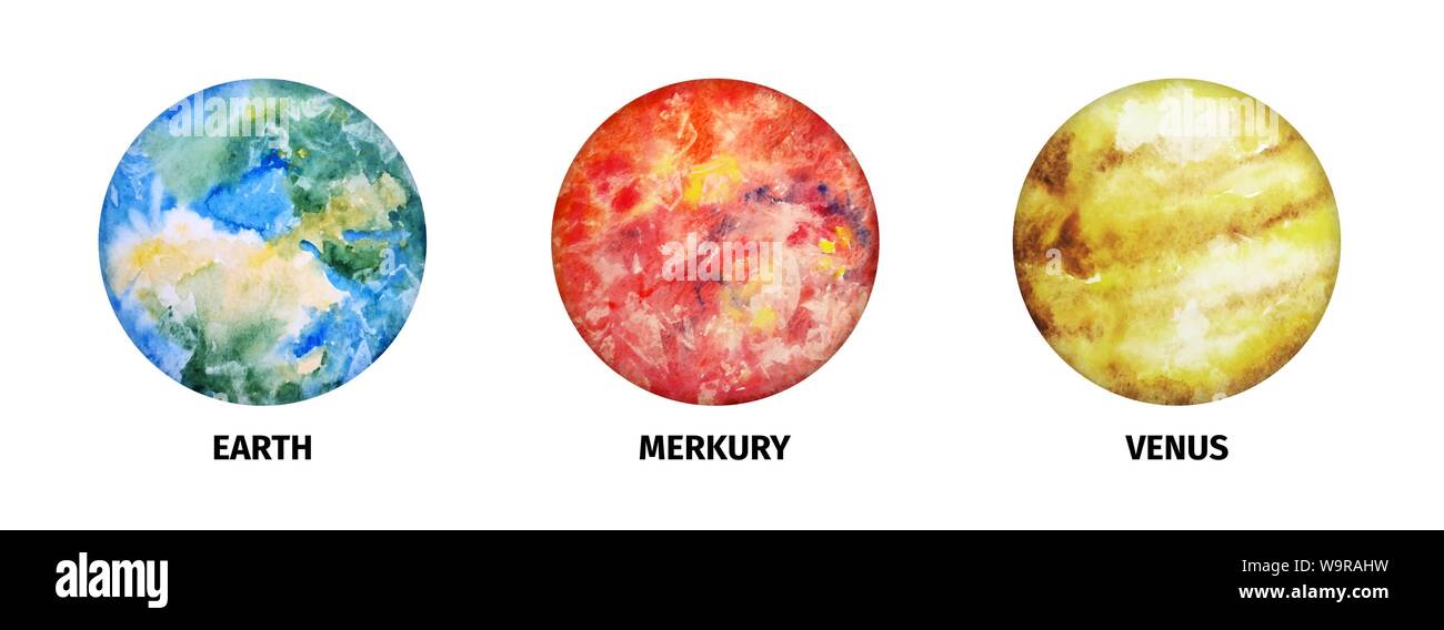 La massa di Mercurio e Venere pianeti Vector Set. Oggetti isolati per la progettazione e la scienza di poster Illustrazione Vettoriale