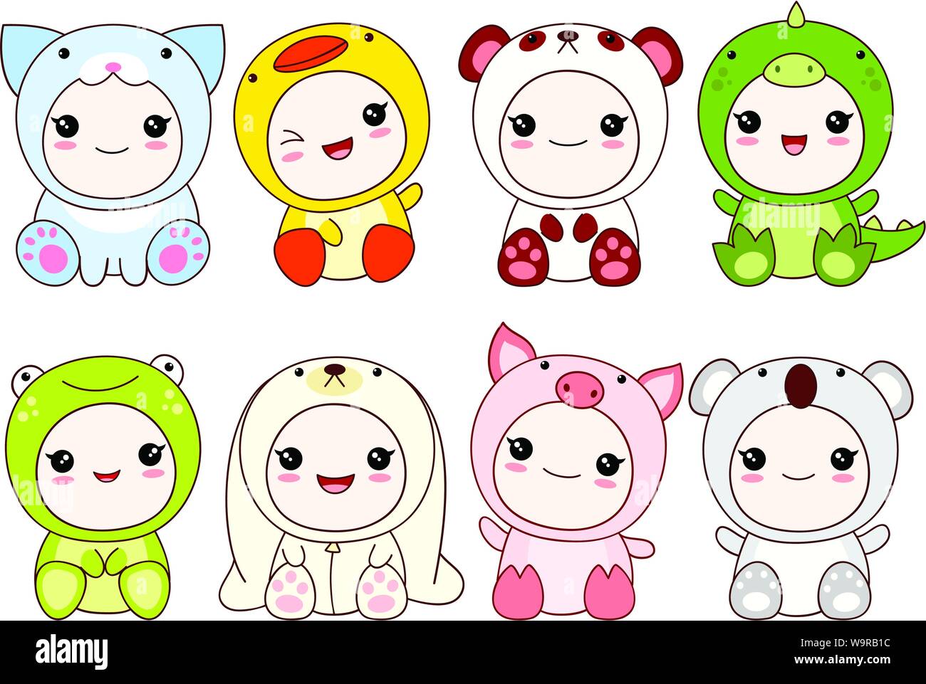 Raccolta di simpatici bambini in costumi diversi di animale - Dragon, panda, coniglio, rana, anatra, maiale, koala, cat. In kawaii style Illustrazione Vettoriale