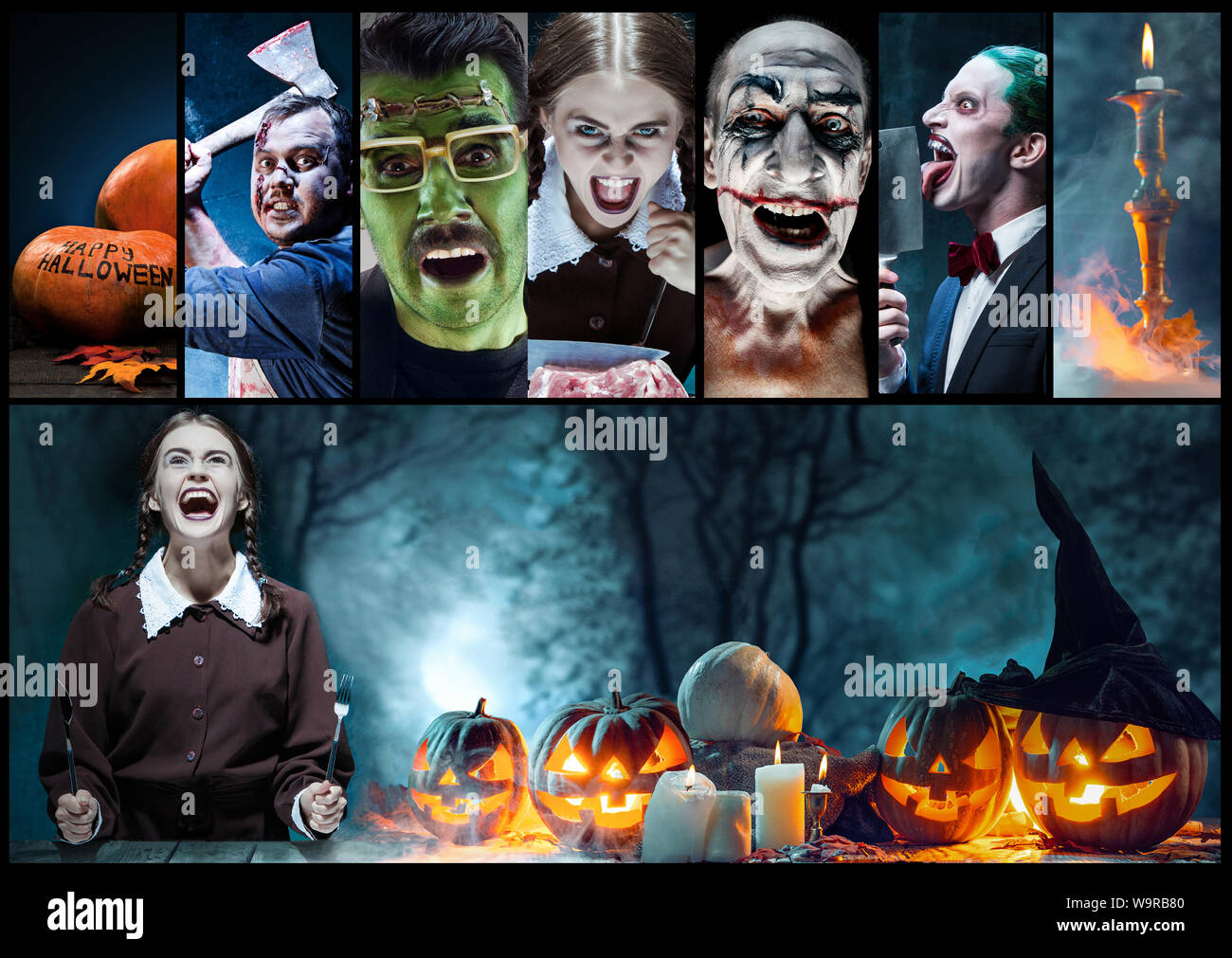 Caratteri mistico nella notte collage creativo realizzato in diverse foto di 5 modelli. Concetto di orrore, Halloween. Pumpking con la candela indside. Le streghe, demoni, assassini. In autunno la tradizione. Foto Stock