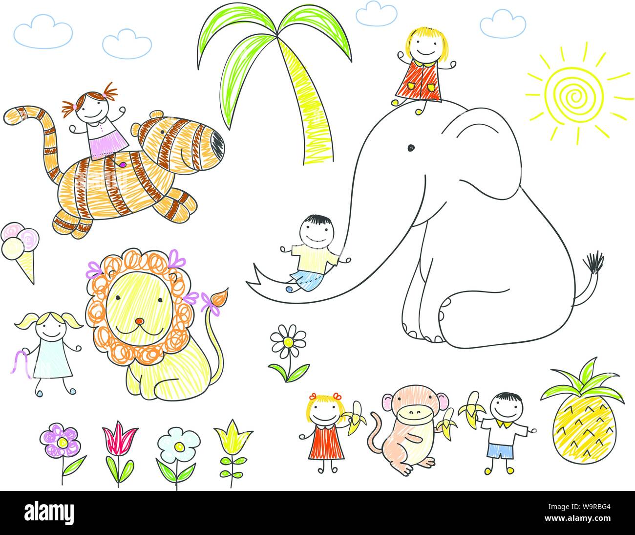 Felici i bambini e gli animali - elefanti, leoni, tigri e scimmie. Schizzo in doodle stile. EPS8 Illustrazione Vettoriale