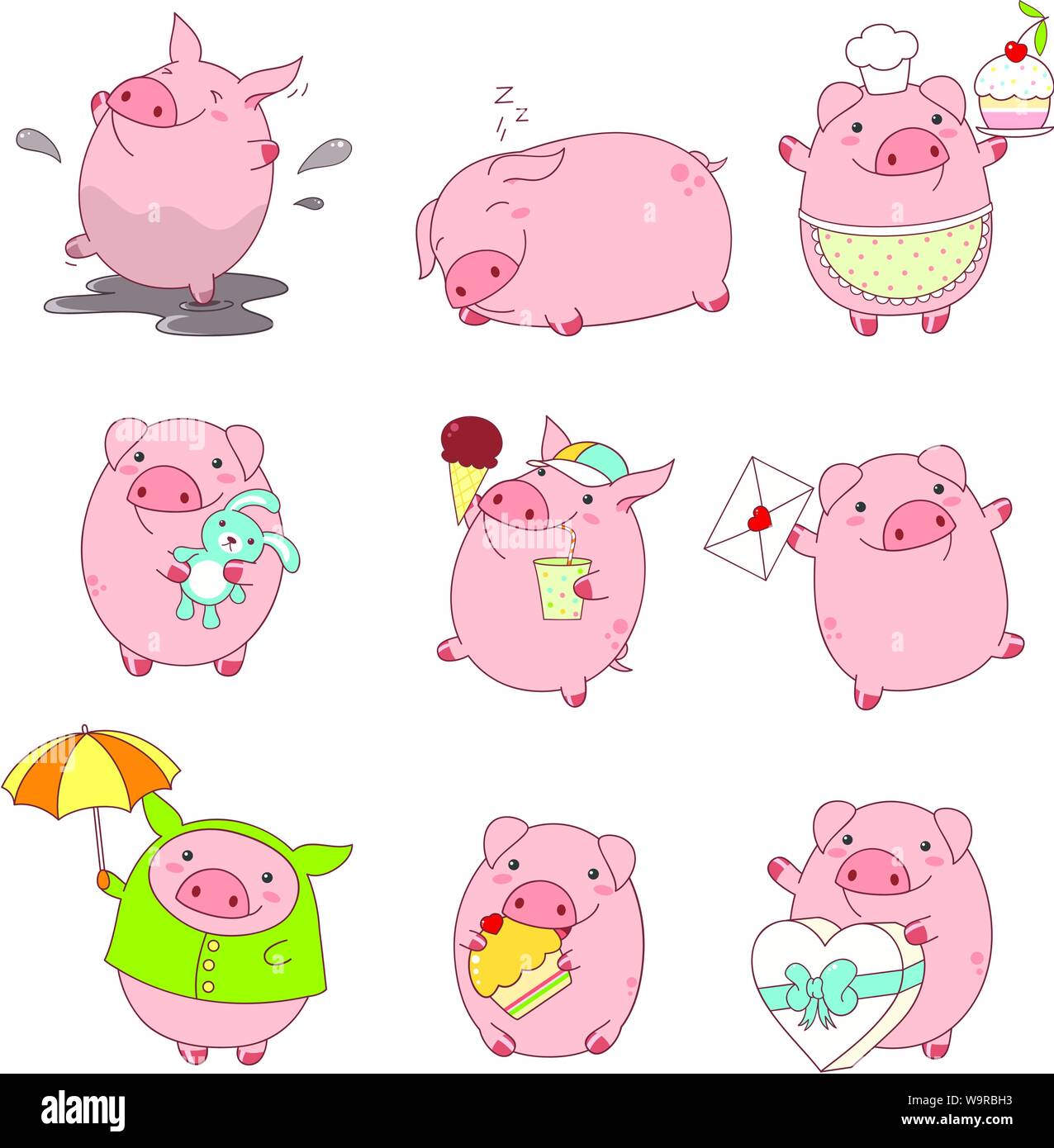 Set di suini carini in stile kawaii. Divertente, felice, ridere, giocare nel fango, dormire, esecuzione, mangiare, con torta, con lettera, con gelato e un gla Illustrazione Vettoriale
