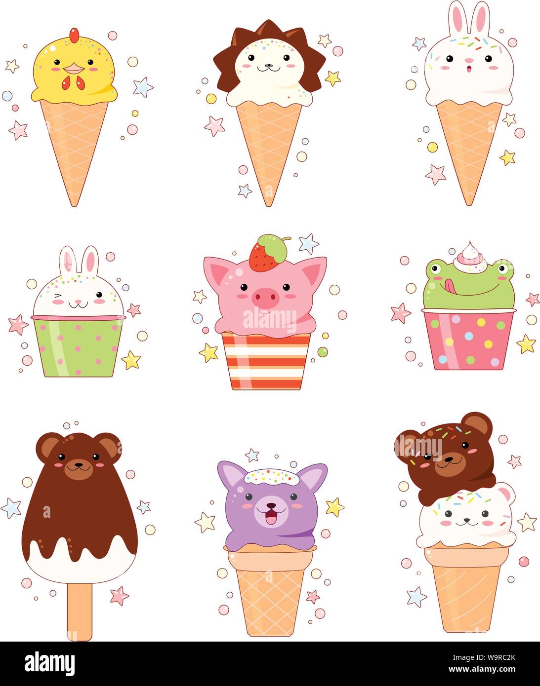 Set di vettore di forma animale gelato. La vaniglia, cioccolato, limone, fragola. In stile kawaii con volto sorridente e guance di rosa. Pollo, riccio, ra Illustrazione Vettoriale