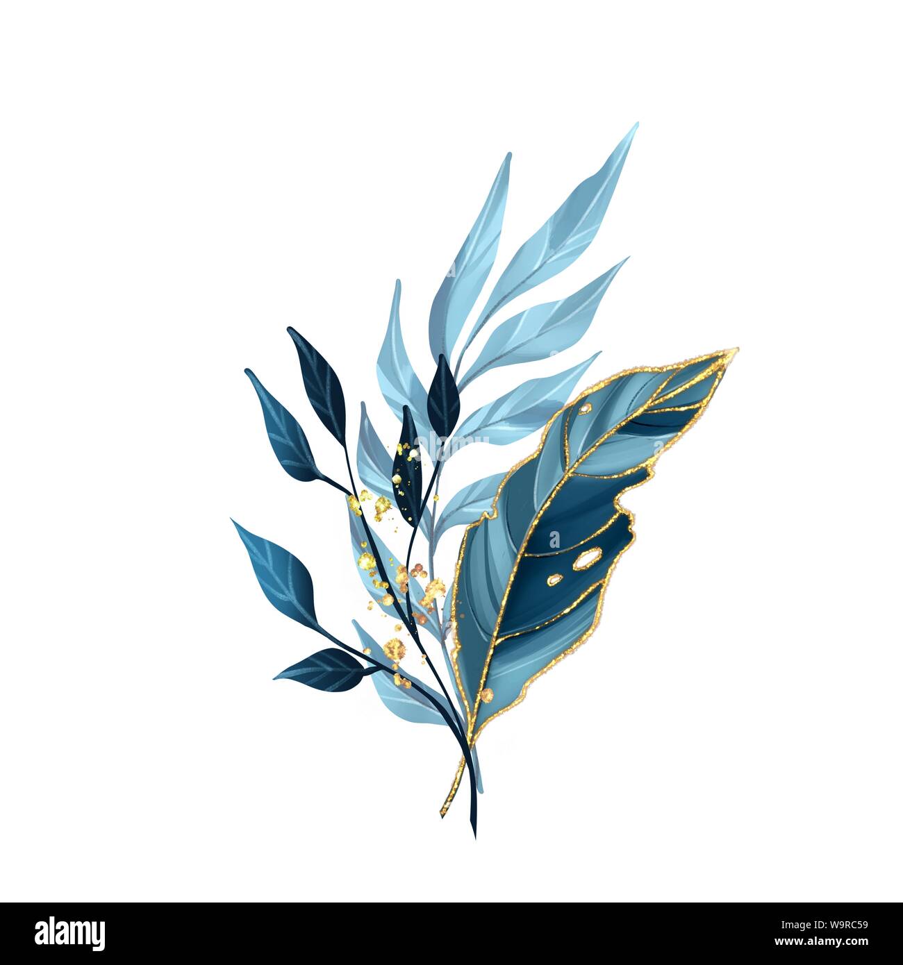 Illustrazione floreale bouquet. Blu e foglia oro filiali Foto Stock