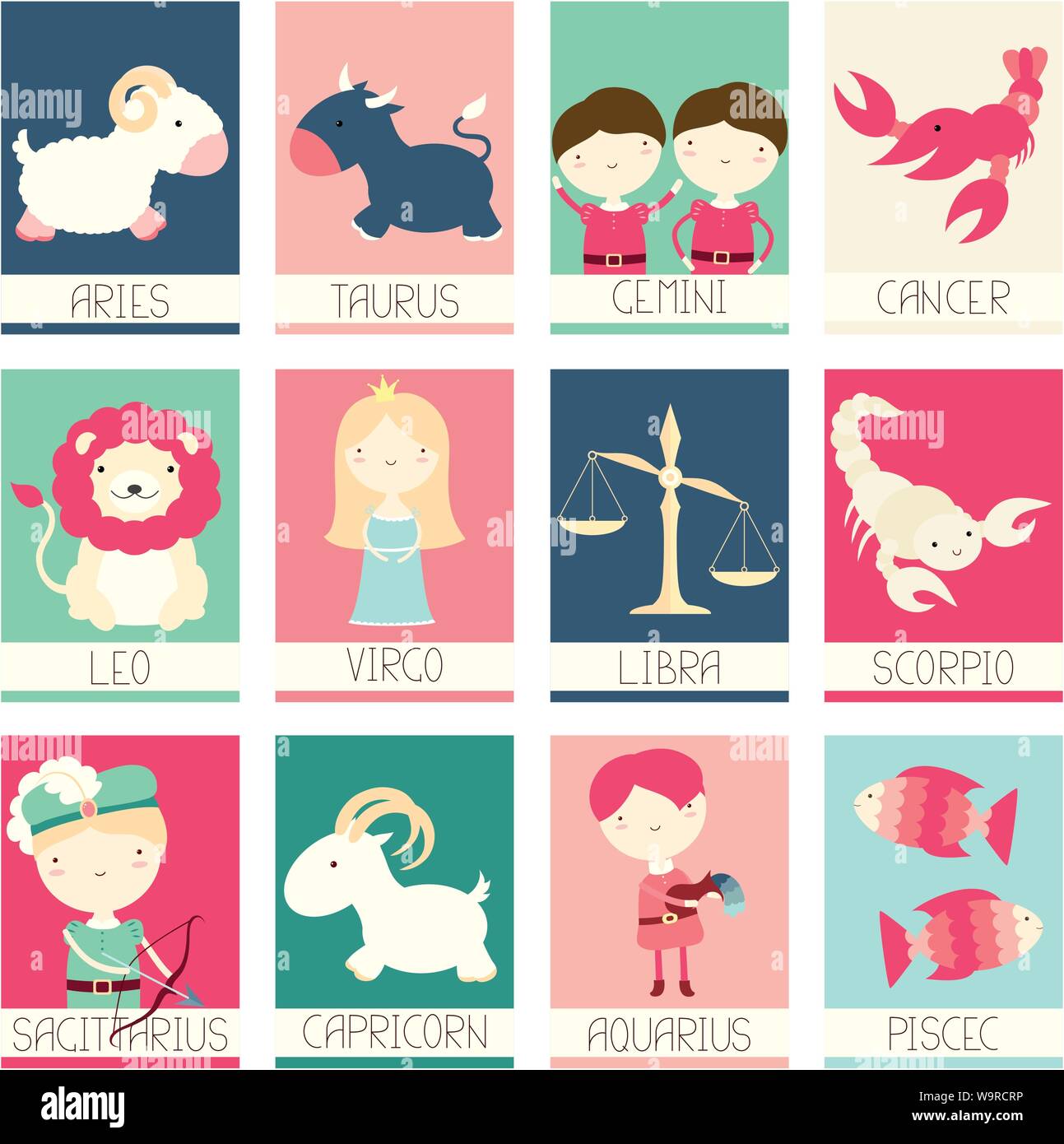 Set di banner, flyer, cartellone con cute princess, principe e animali - simboli dello zodiaco. Set di poster per Scrapbooking. Scheda vettore per l'invito, greeti Illustrazione Vettoriale